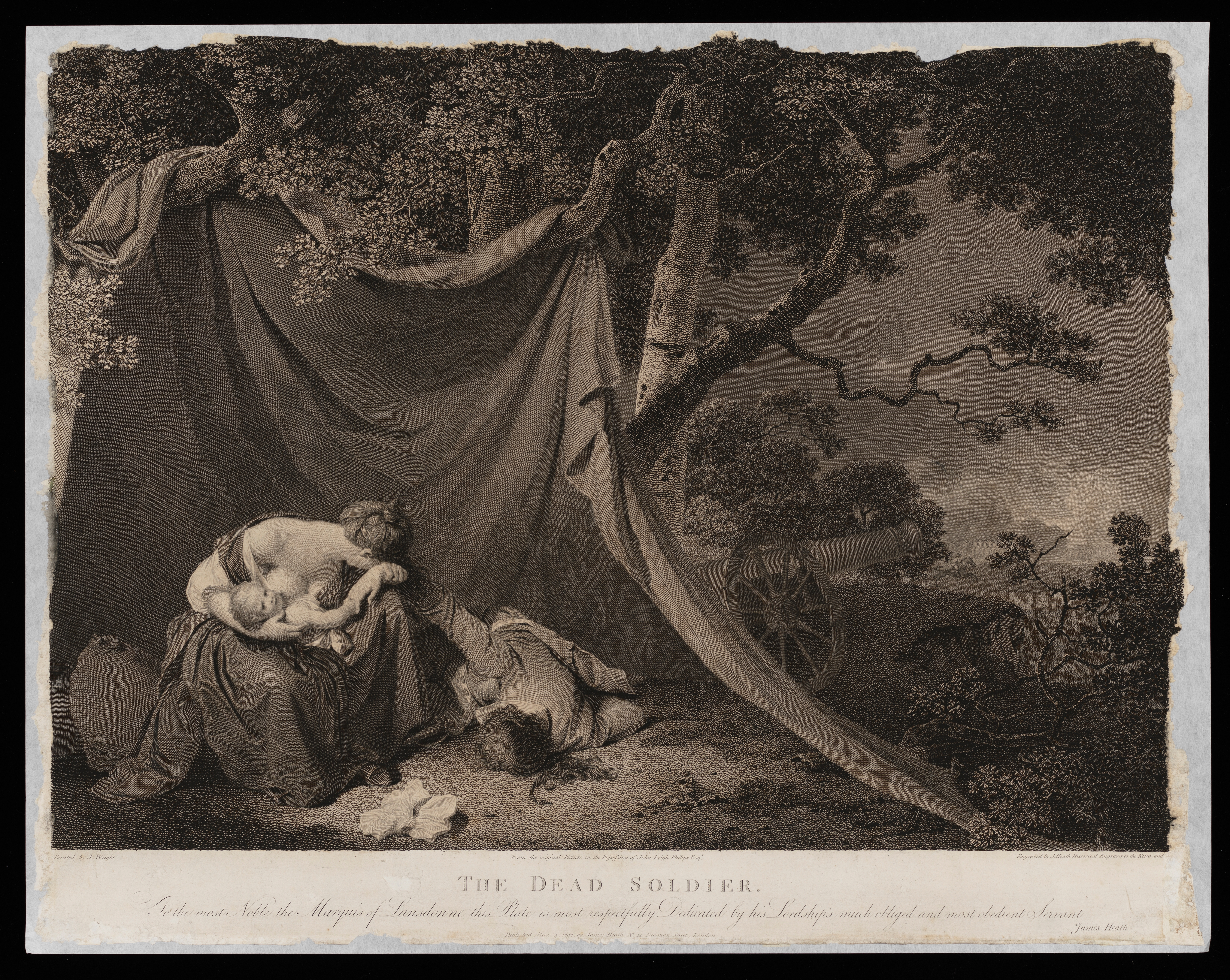 Oil painting, 'The Dead Soldier, from John Langhorne's 'Country Justice' after Joseph Wright.  66 x 86.3.; Oil painting; 'The Dead Soldier'; 26 in x 34 in; Nicolson rejects this work as by Wright. Compare to his pl.281 Cat.240, version s/d 1789; c.1789 (or after, if a copy); height 26 in, width 34 in; Oil painting; 'The Dead Soldier'; 26 in x 34 in; Graves Gallery 1910 GLAZED