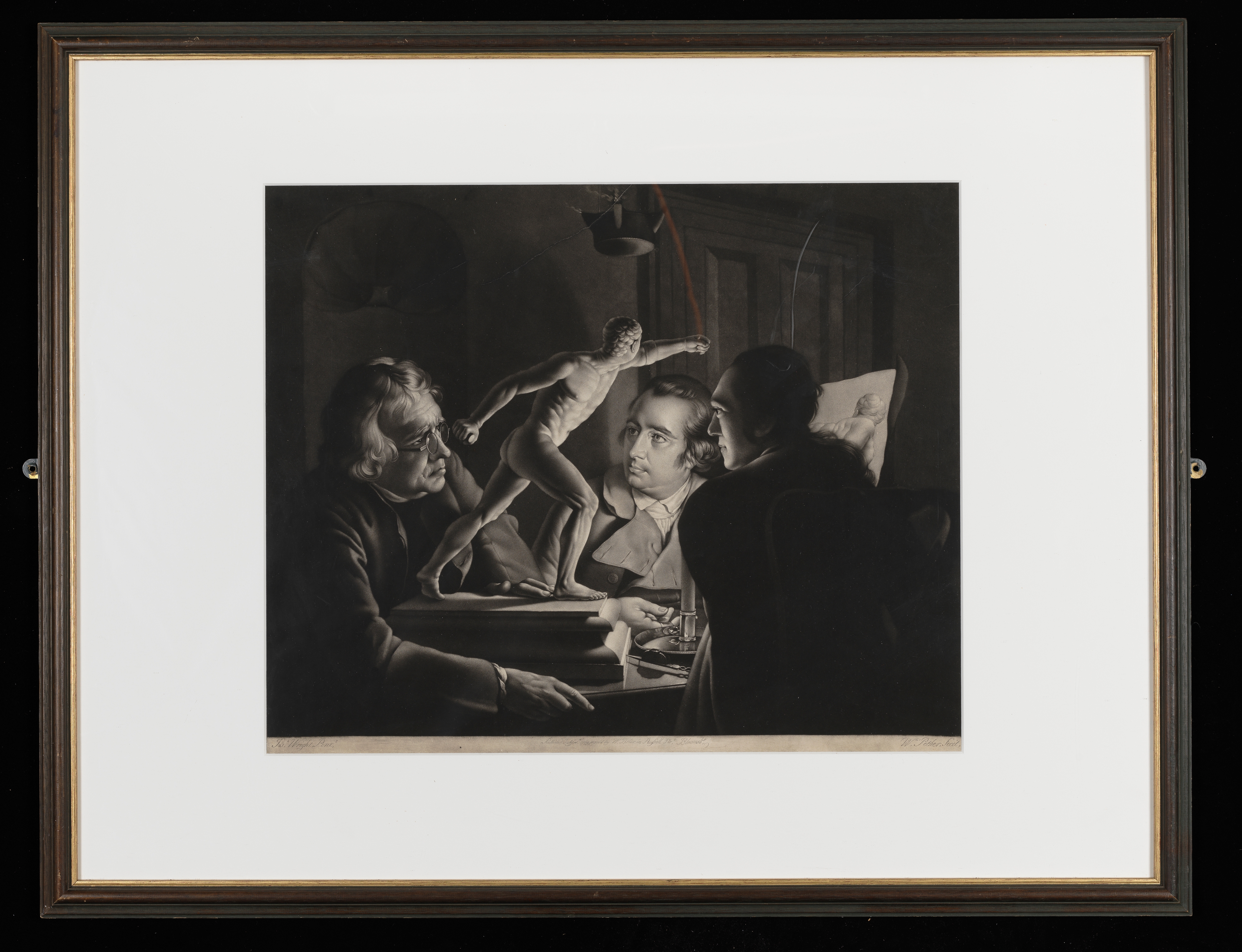 Engraving after Joseph Wright of Derby (1734 - 1797), 'Three Persons viewing the Gladiator by Candlelight'. Three gentlemen (one Peter Perez Burdette are studying a statuette of The Borghese Gladiator by cand⁬lelight. Inscribed: bottom left 'Jos. Wright Pinxt' bottom centre 'Published July 10 1769 by W Pether in Russel Street. Bloomsbury' bottom right 'Wm Pether Fecit'. Scratched in pencil. Made by William Pether (1738-1821). Mezzotint and etching. Paper.