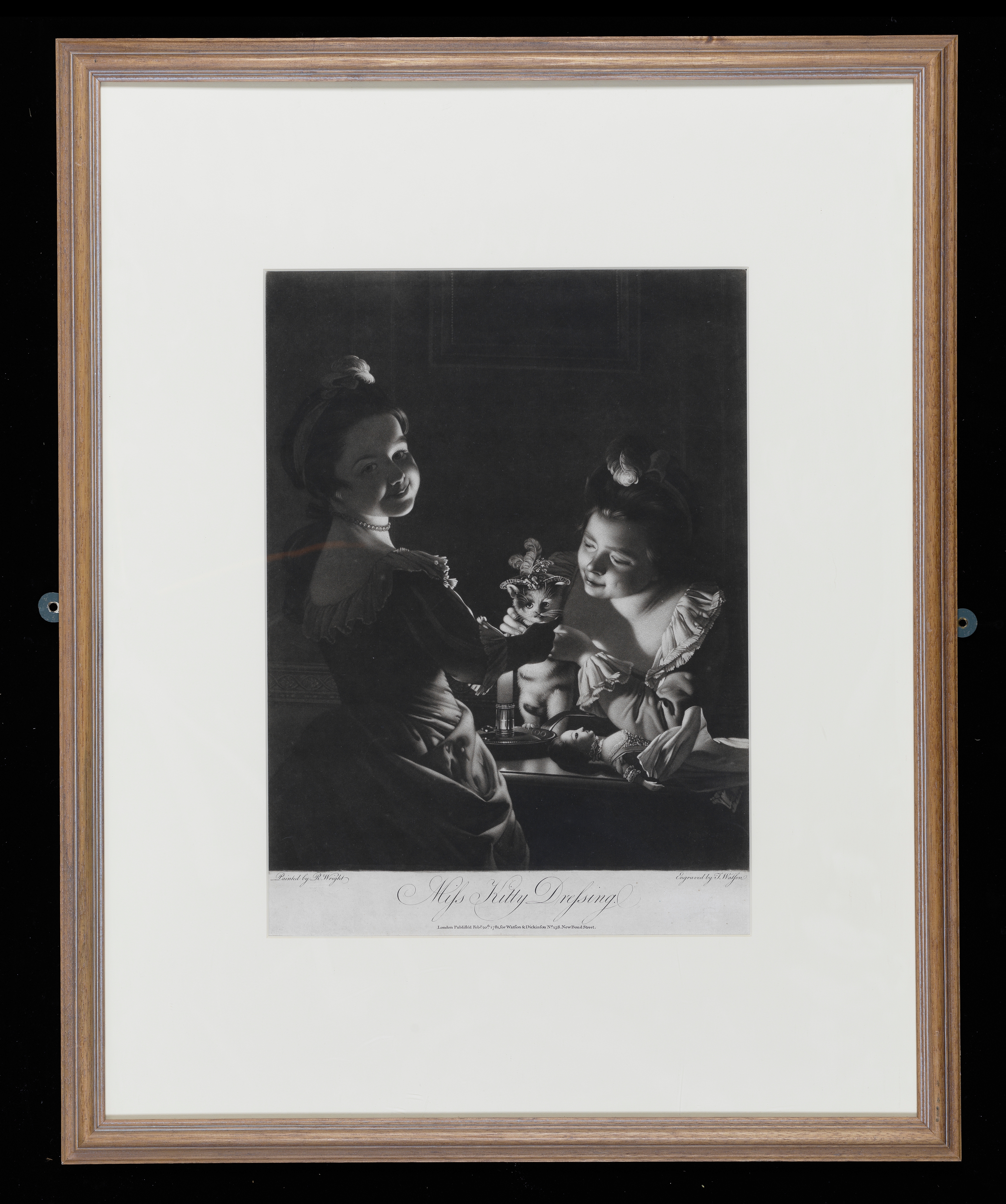 Engraving after Joseph Wright of Derby (1734 - 1797), 'Miss Kitty dressing'; Two girls are dressing a kitten in dolls clothes. Inscribed: bottom left 'Painted by J. Wright' middle centre 'Miss Kitty Dressing/London Published Feb 20 1781 for Watson and Dickinson No 158 New Bond St' bottom right 'Engraved by J. Watson'. Made by James Watson (1739-1790). Mezzotint and etching. Paper.