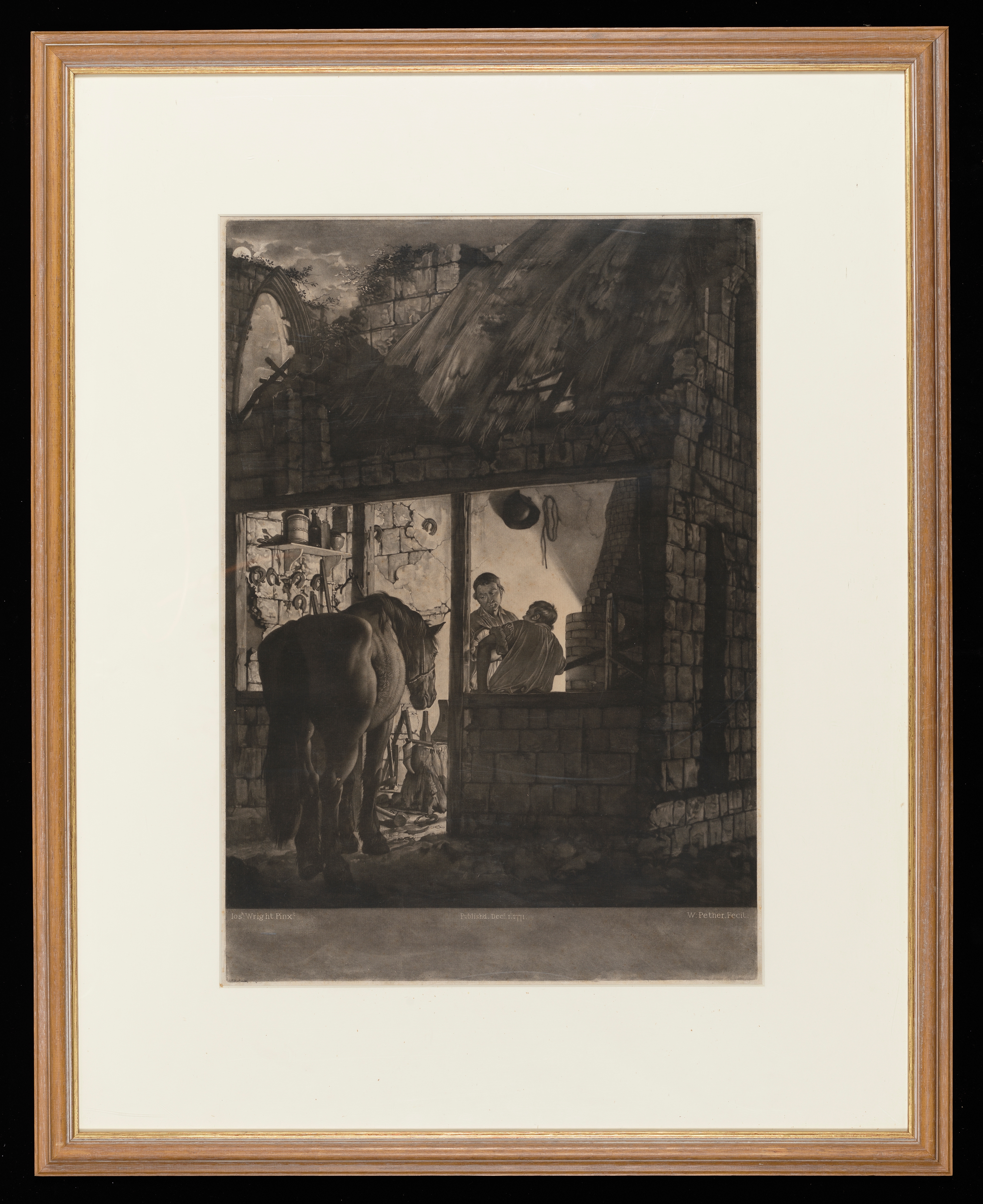 Mezzotint-engraving after Joseph Wright of Derby (1734-1797). 'A Farriers Shop' 1771. The view looking into the farrier's shop with 2 farrier's and a horse entering. The shop is a little derelict with a thatched roof and remains of a gothic arch. Horse shoes and tools scatter the walls and floor. Inscription: bottom left handside 'JW Pinxit', bottom centre 'Published Dec 2nd 1771', bottom right hand side 'W.Pether Fecit'. Made by William Pether (1738-1821). Mezzotint-engraving and etching. Paper