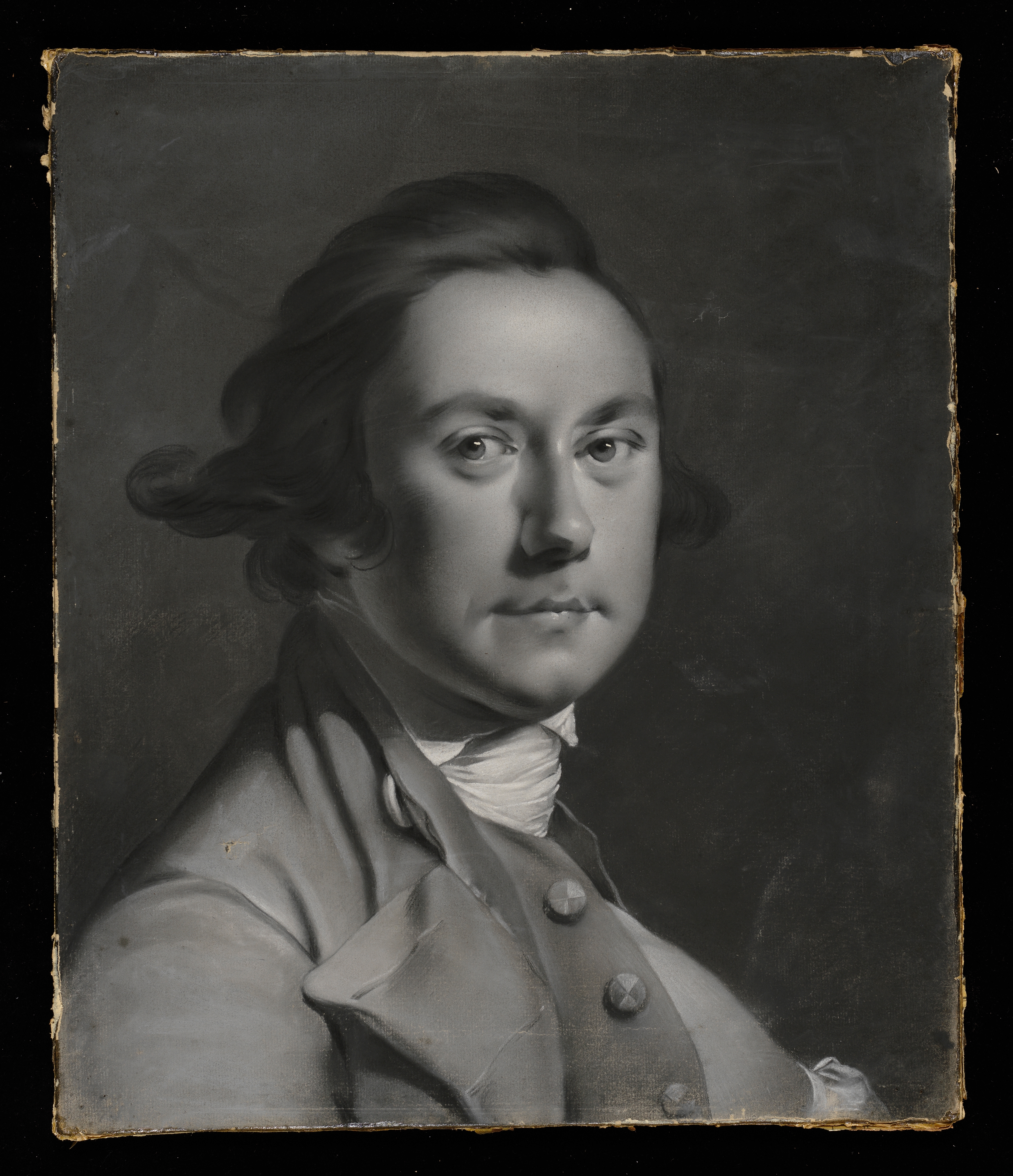 Portrait of a man in monochrome, identified as Joseph Wright of Derby; turned to the right, with left hand tucked inside waistcoat, facing forwards. He wears his hair tied back, but a little loose at the temples. He wears a coat and waistcoat and his shirt is closed by a close-fitting neck stock. Inscription to verso, on stetcher 'Joseph Wright of Derby / copied by William Pether'. Made by William Pether (1738 - 1821), c.1767-70(?), pastel on paper laid on canvas, in black painted frame. Glazed.