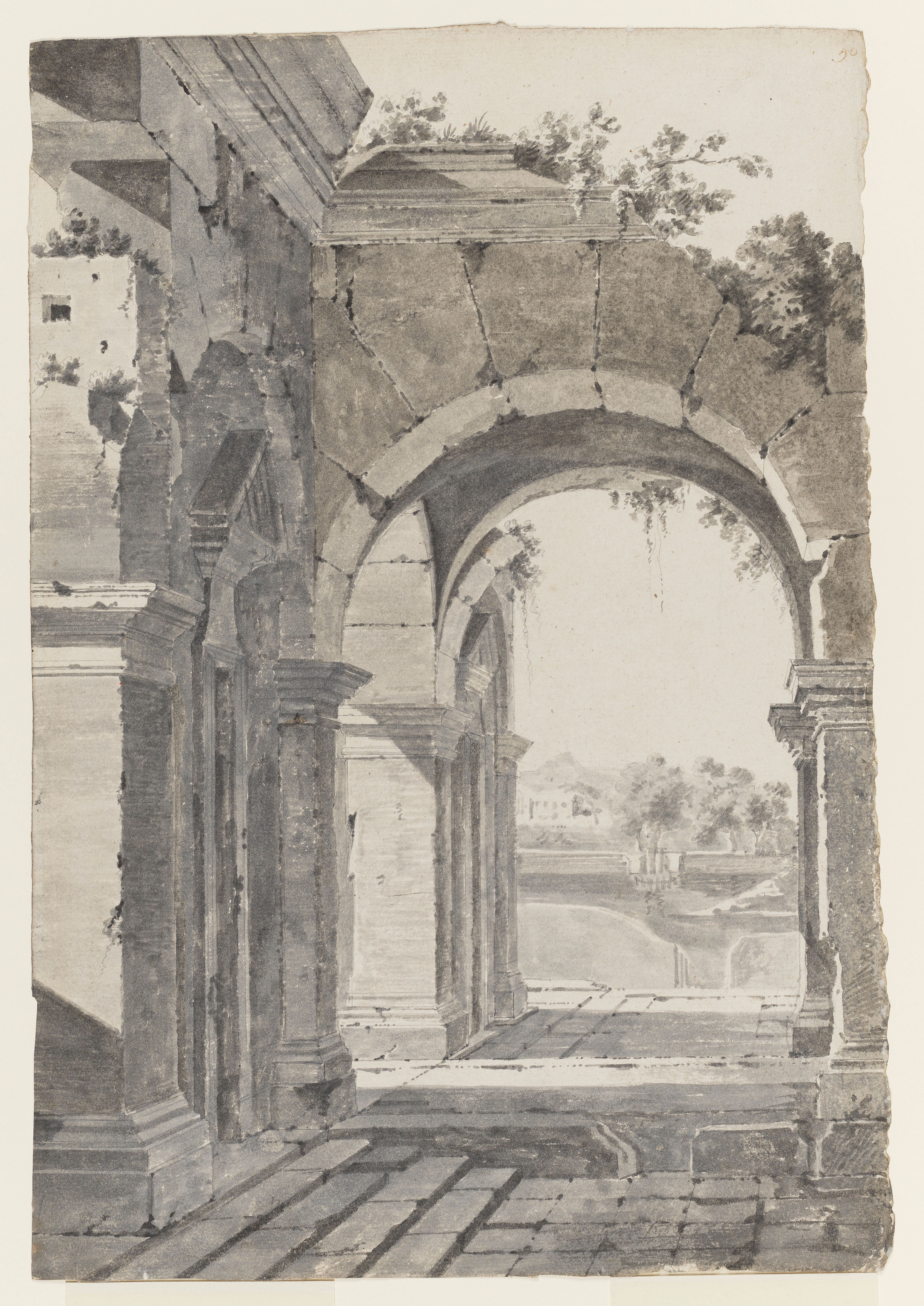 Drawing of architectural ruins clothed in foliage, with a view through an archway to a landscape beyond. Inscribed on recto, top right (handwritten in ink): '50'. Made by Joseph Wright of Derby (1734-1797), c.1774-1775, grey wash over pencil on paper.