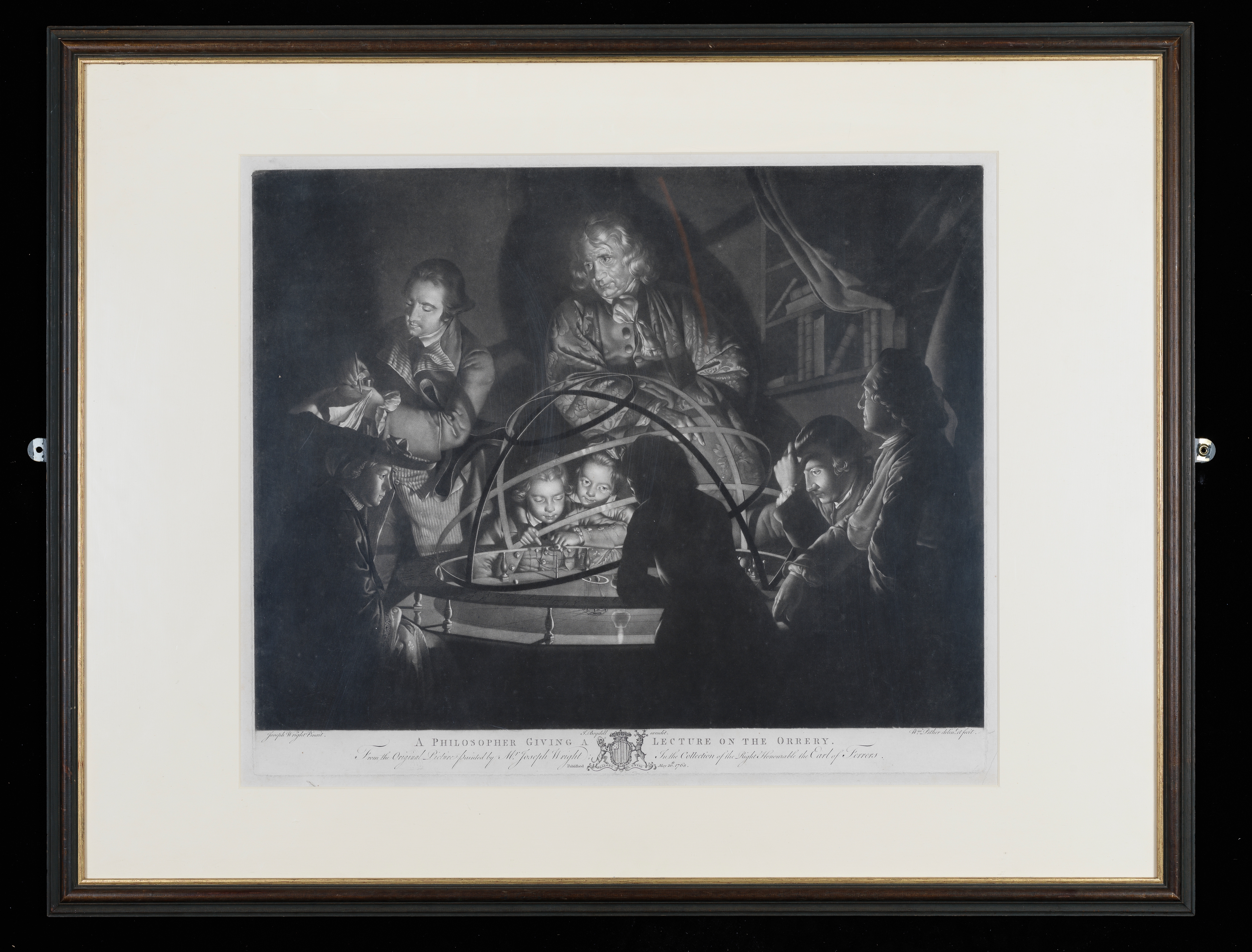 Mezzotint of, 'A Philosopher lecturing on an Orrery' by William Pether, after Wright of Derby; P.P.Burdett has white thread line from his chin; Mezzotint of, 'A Philosopher lecturing on an Orrery' by William Pether, after Wright of Derby; Mezzotint, 'Philosopher giving a lecture on the Orrery' engraved by William Pether