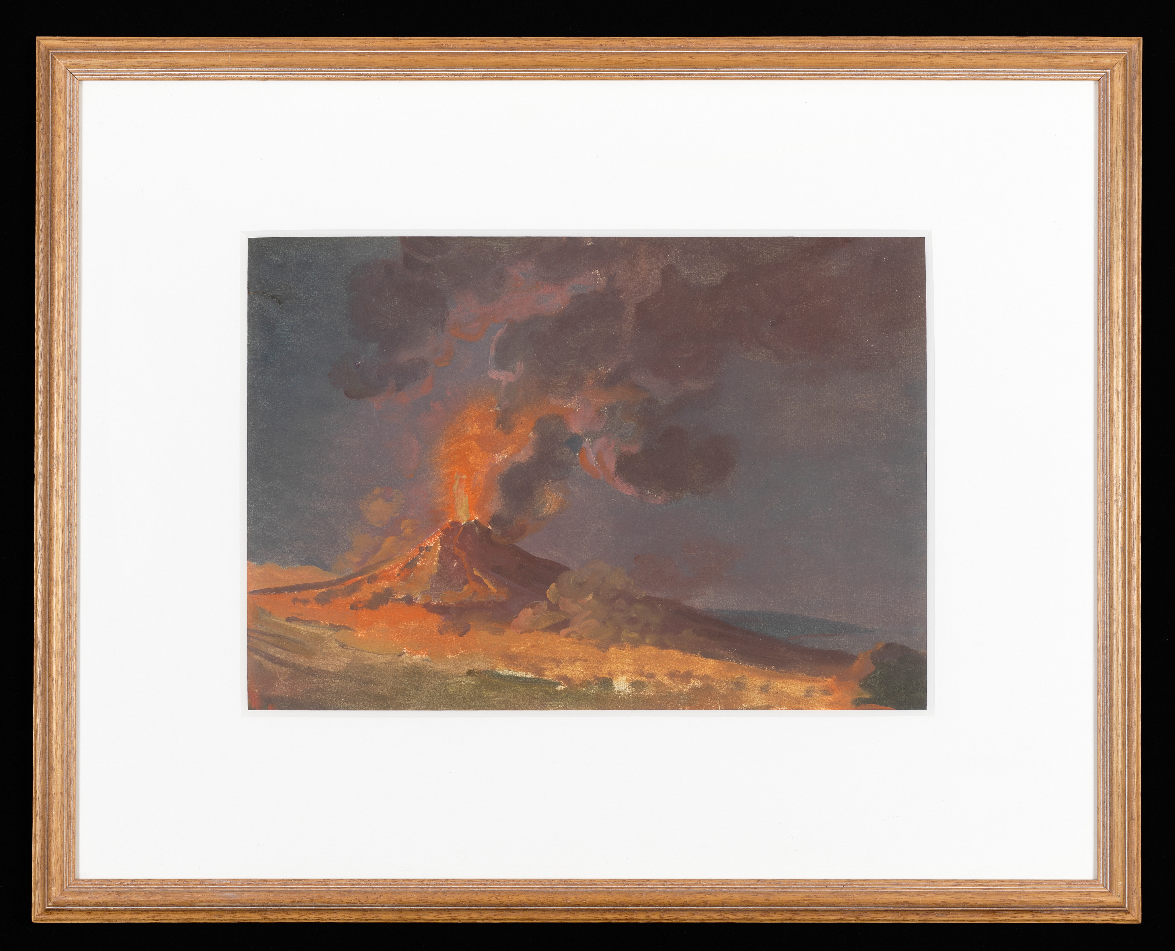 Painting of a volcano in eruption, titled 'Vesuvius in Eruption'. The volcano occupies the left two thirds of the paper. To the right the land drops away to reveal a view of the sea. A plume of lava and dark smoke erupts from the volcano's cone. A river of orange-yellow lava flows down the sides of the volcano and overland towards the foreground. The deep blue colour of the sky suggests that this is a nocturnal event. Painted by Joseph Wright (1734-1797). Gouache on paper, mounted for display.