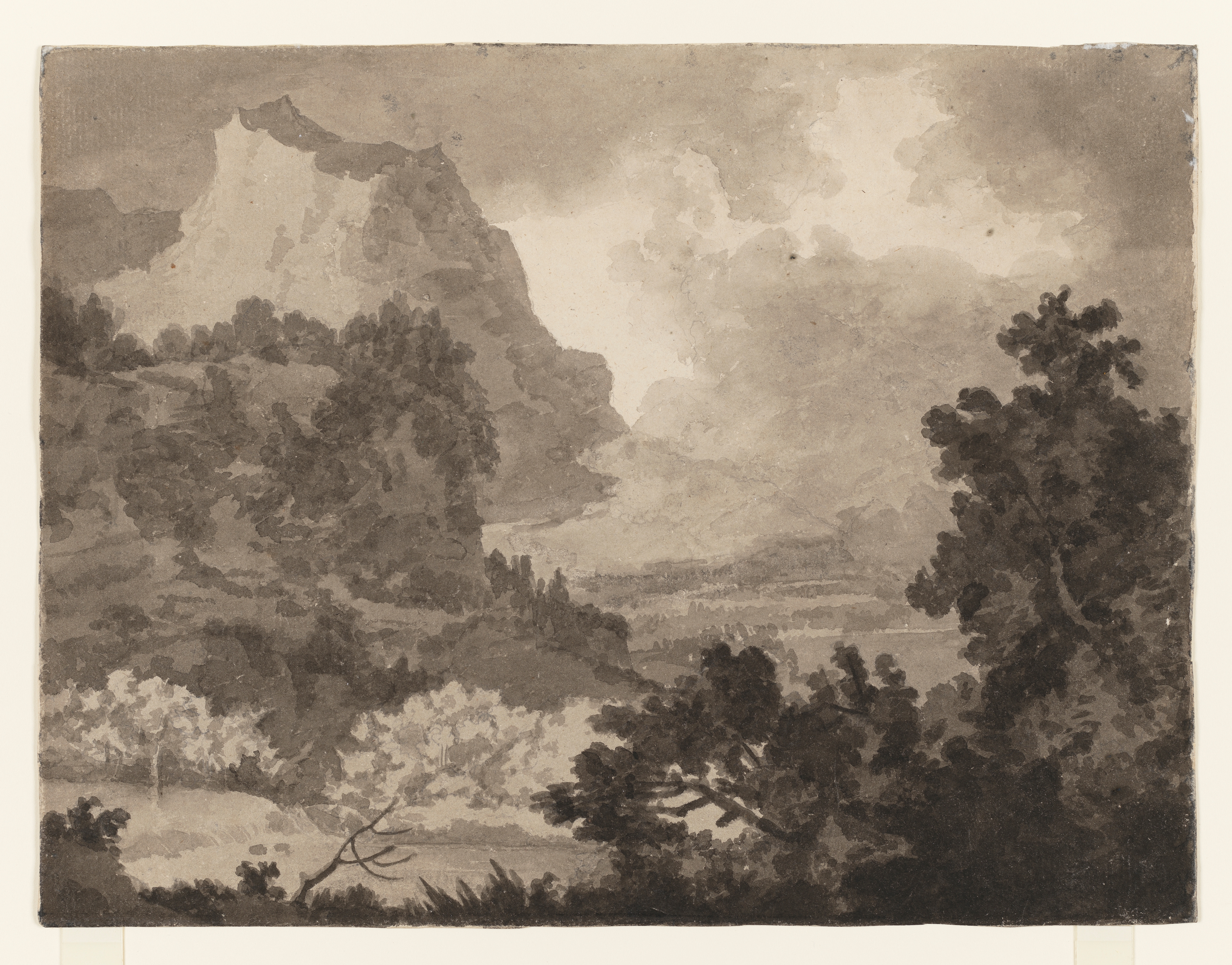 Drawing of a mountainous, rocky landscape with trees, identified as a study after an illustration by William Pether, in Alexander Cozens's 'A New Method of Assisting the Invention in Drawing Original Compositions of Landscape' (published 1785-6). Inscribed on verso, top left corner (handwritten in ink): 'No 8 Nov 29th 1793'. Made by Joseph Wright of Derby (1734-1797), 1793. Pencil and ink wash on paper.