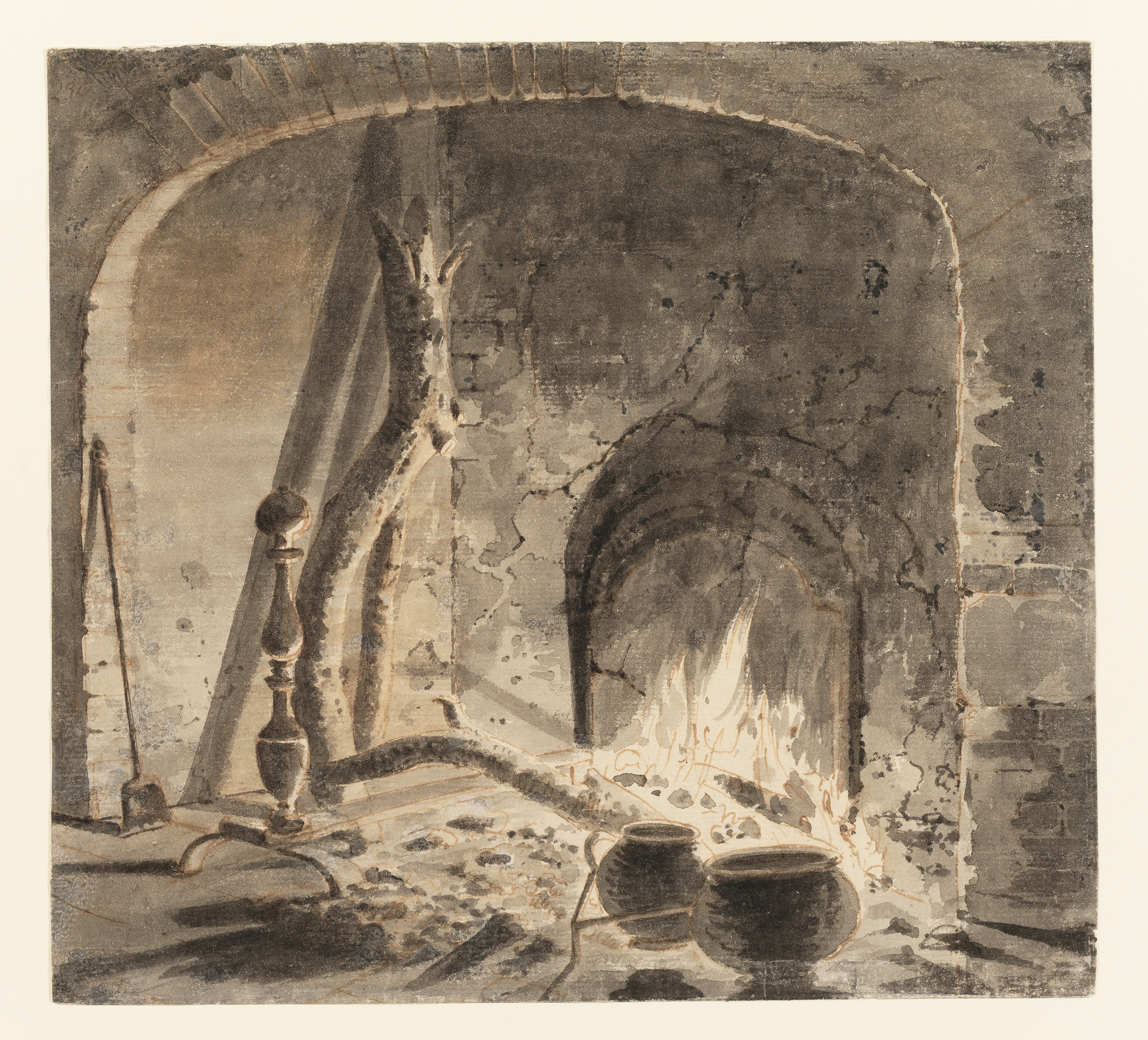 Drawing of a open hearth with a fire. Two pots have been set before it, one of which sits within an iron trivet. To the left is a shovel. An elaborate fire dog, used in pairs for supporting a grate, sits alone. A large branch has been propped within the fireplace to burn. Inscribed on recto, top left (handwritten in ink): '238'. Made by Joseph Wright of Derby (1734-1797), c. 1774-1775, brown ink and ink wash on paper.