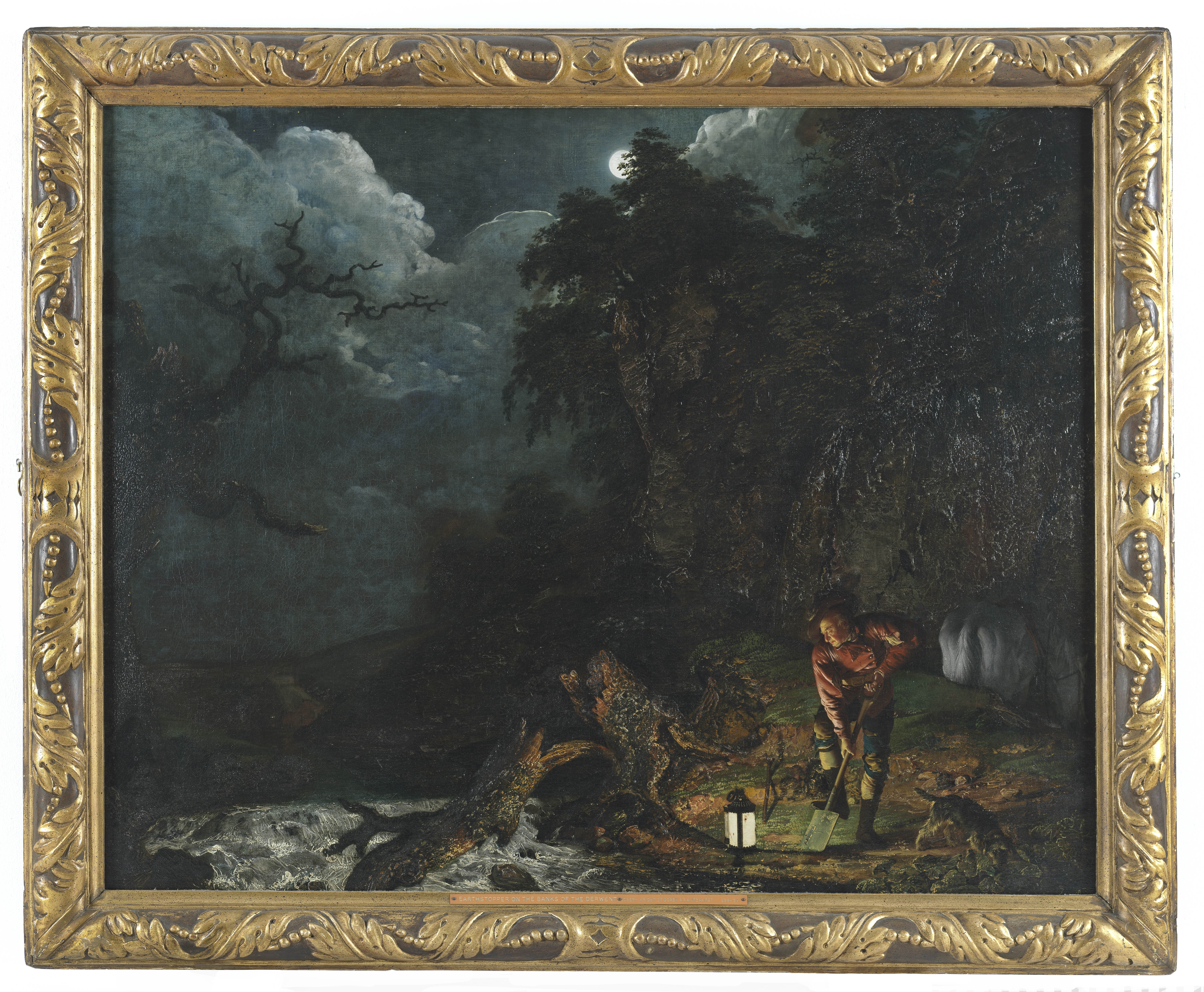 Painting of a man, called an 'earth stopper', in a nocturnal landscape digging by the light of a lantern. He is accompnaied by a dog and horse. To his left is a river and behind him a large expanse of rock, above which the moon glows brightly. In the distance a small thatched cottage is visible, with a solitary light burning in a window. Inscribed recto, lower left: 'J Wright Pinxt /1773'. Painted by Joseph Wright of Derby (1734 - 1797). Oil on canvas in carved and gilded frame. Unglazed.