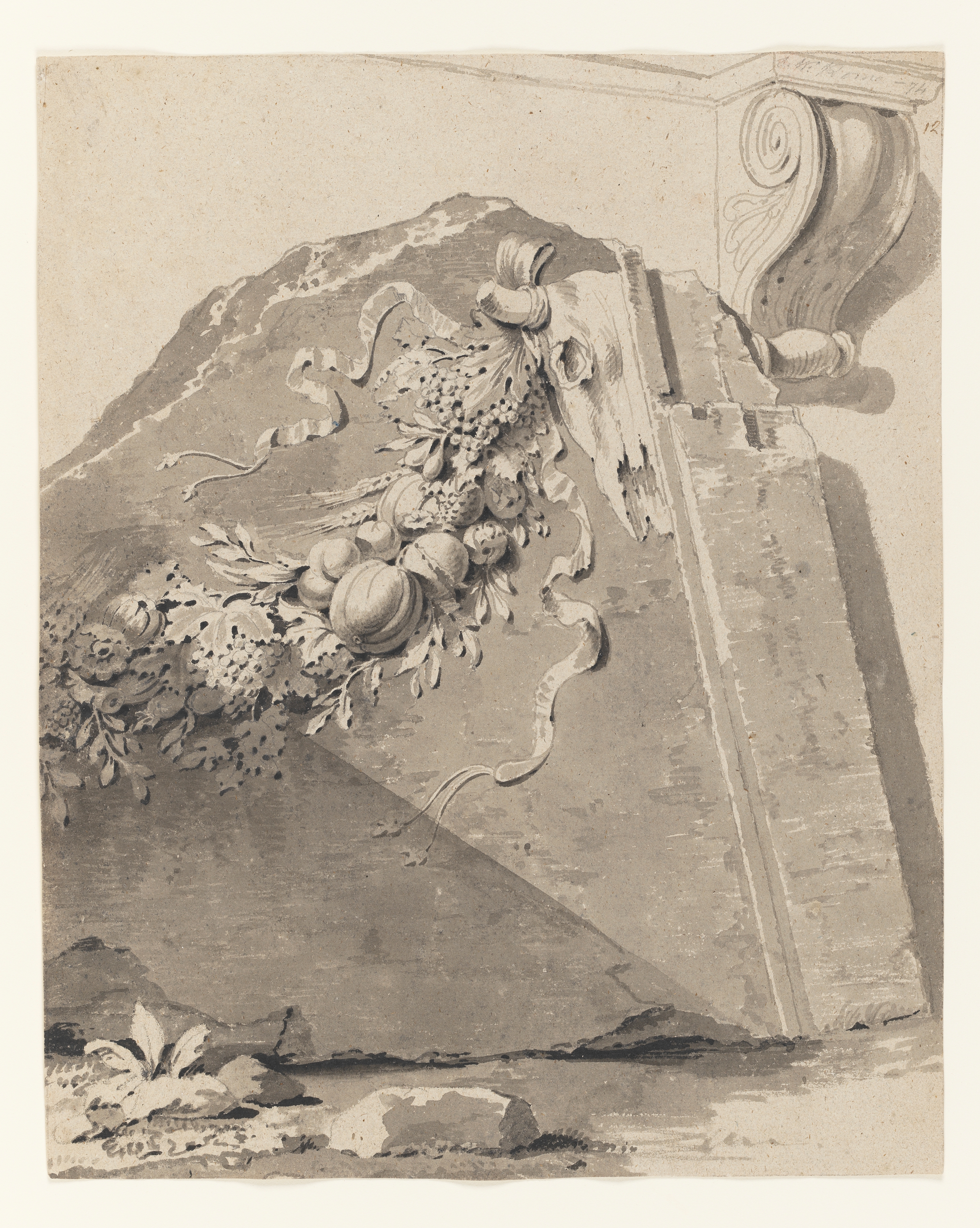 Drawing of a fragment of a frieze, possibly part of the Ara Pacis Augusta (Latin: Altar of Augustan Peace). Inscribed to top right (handwritten in pencil): 'J.W. Rome - 74' and beneath that (handwritten in ink) '12'. Made by Joseph Wright of Derby (1734-1797), 1774. Pen and ink and grey ink wash over pencil on paper. Presented in a cream window mount.