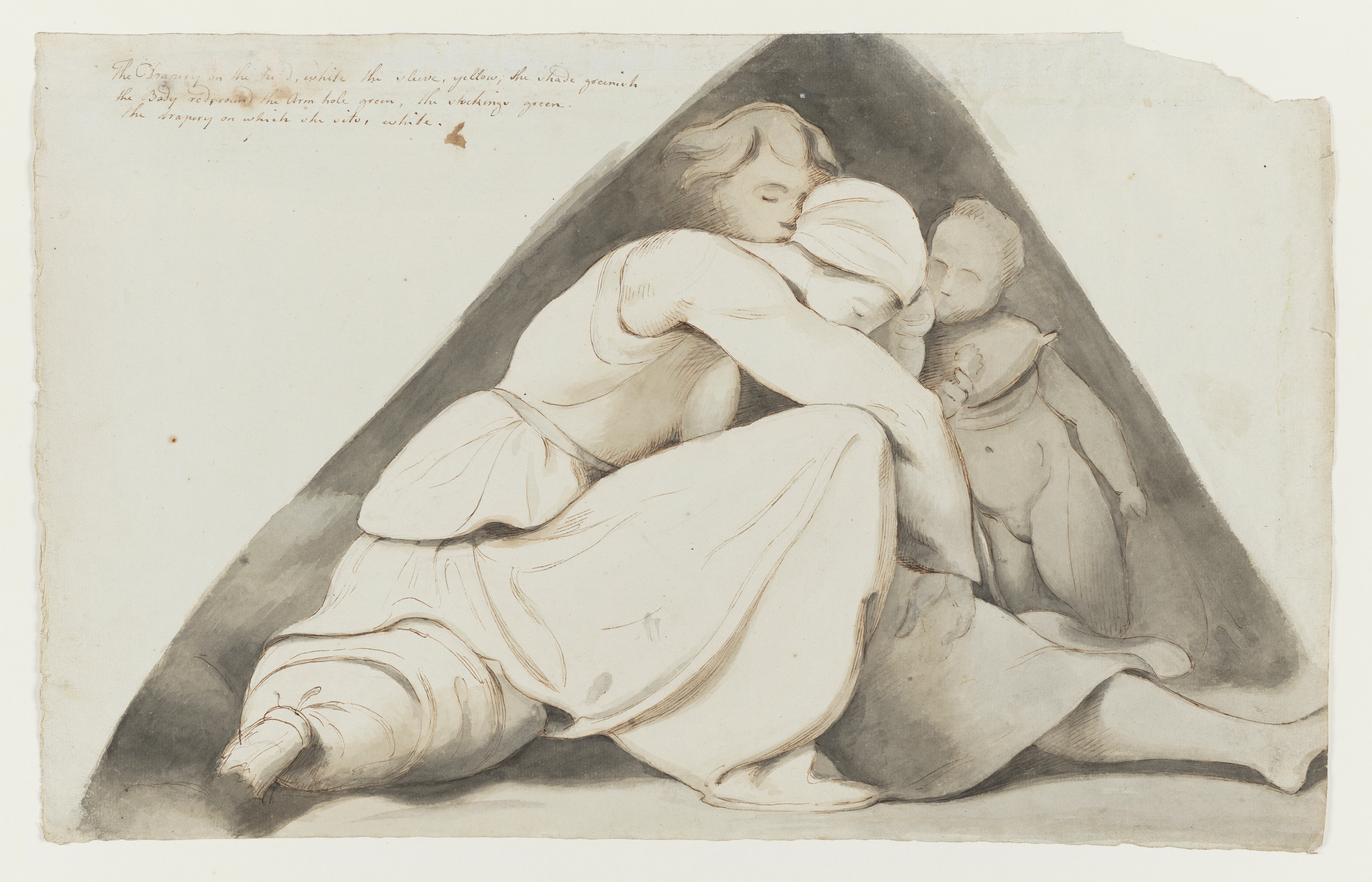 Drawing of a seated female figure, facing right, with her head bowed. Identified as a study of Asa, a figure from the Sistine Chapel ceiling frescoes, after Michelangelo. She sits on a bolster cushion. Behind her is the head of a child and the figure of a nude child. The shading around the figure group forms a triangle. Inscribed to top left (handwritten in ink): 'The Drapery on the head, white, the sleeve, yellow, the shade greenish / the Body red, round the arm hole green, the stockings green. / the drapery on which she sits, white.' Top right corner of the sheet is missing. Made by Joseph Wright of Derby (1734-1797), after Michelangelo (1475-1564), c. 1774. Pen and ink and ink wash over pencil on paper. Presented in cream window mount.