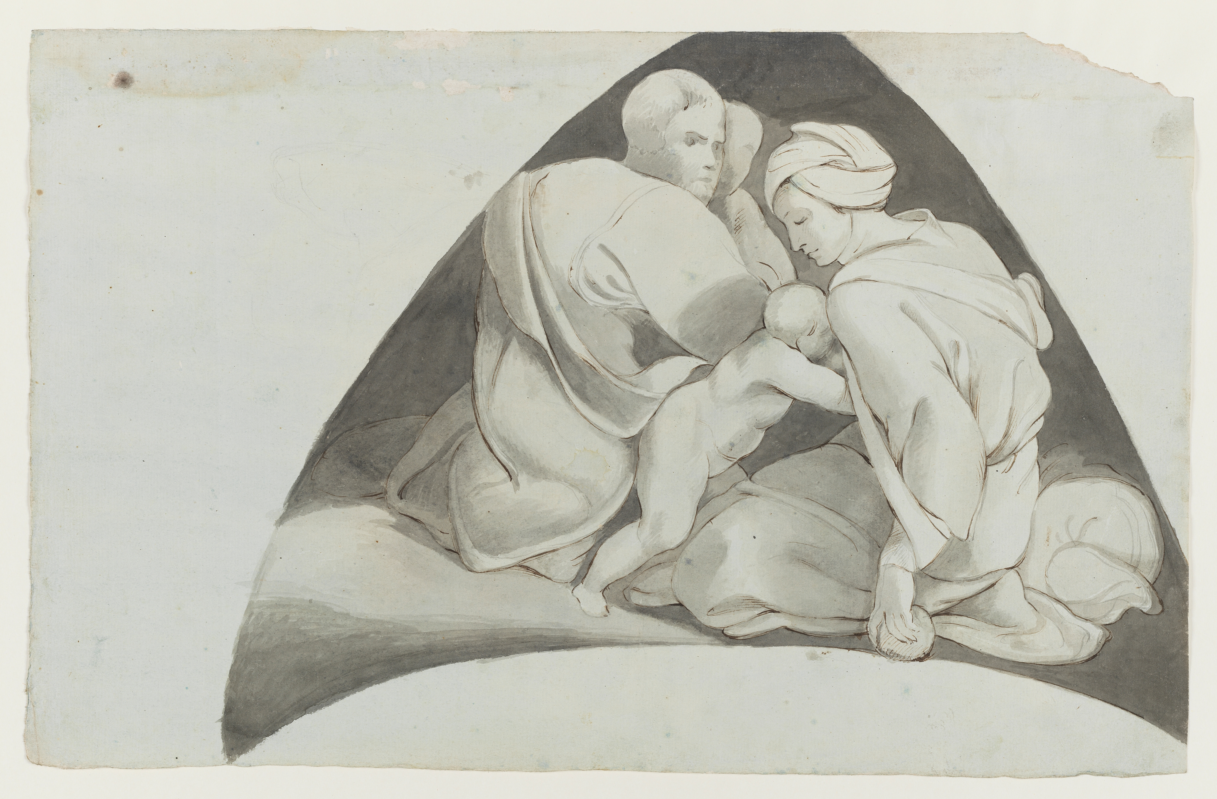 Drawing of a male and female figure, seated, and two children. Identified as a study of Ozias, from the Sistine Chapel ceiling frescoes, after Michelangelo. The shading around the figure group forms a triangle. Top right corner of the sheet is missing. Made by Joseph Wright of Derby (1734-1797), after Michelangelo (1475-1564), c. 1774. Pen and ink and ink wash over pencil on paper. Presented in cream window mount.