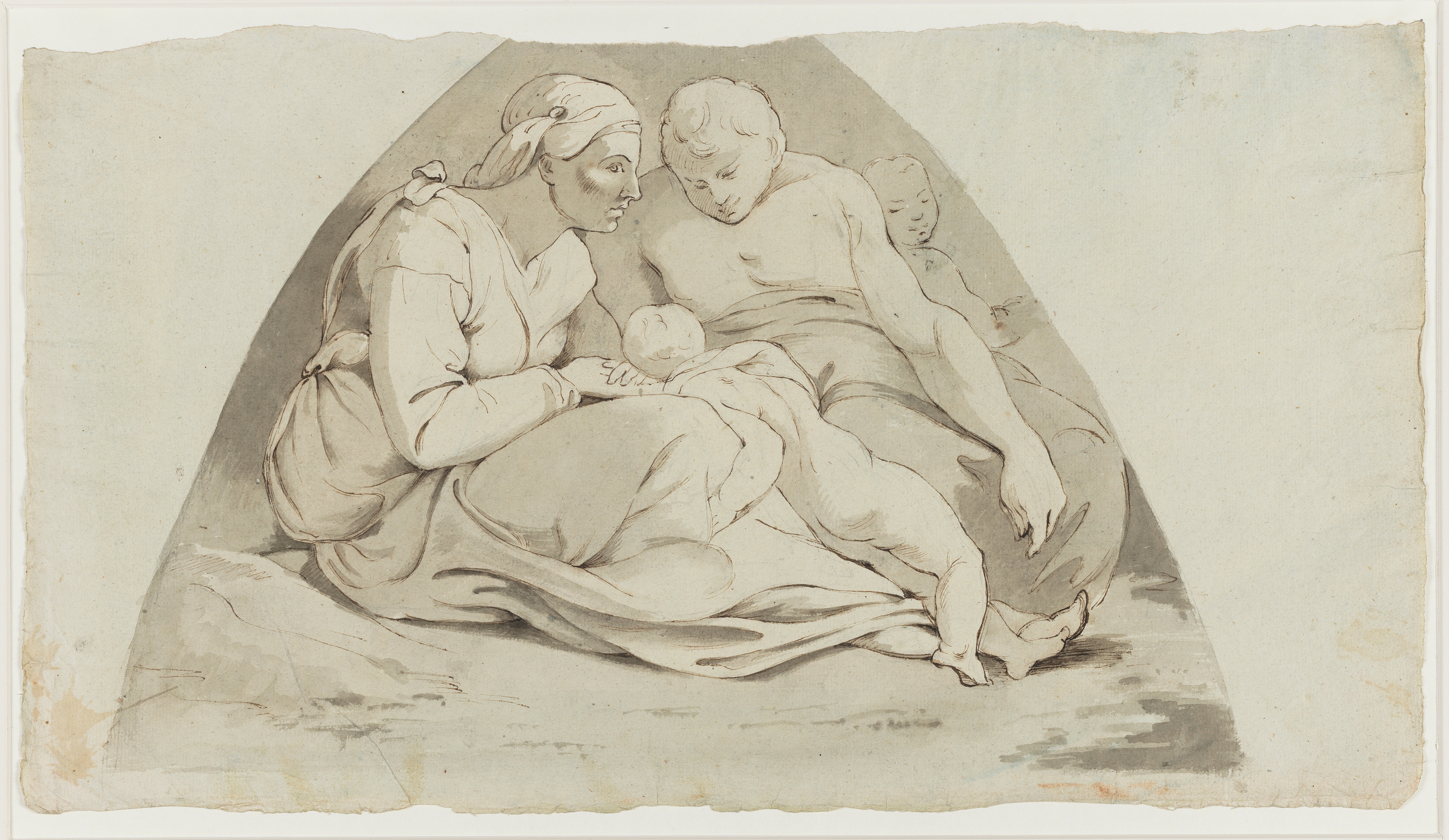 Drawing of a male and female figure, seated, and two children. Identified as a study of Zorobabel, from the Sistine Chapel ceiling frescoes, after Michelangelo. The shading around the figure group forms a triangle. Top edge of the sheet is missing. Made by Joseph Wright of Derby (1734-1797), after Michelangelo (1475-1564), c. 1774. Pen and ink and ink wash over pencil on paper. Presented in cream window mount.