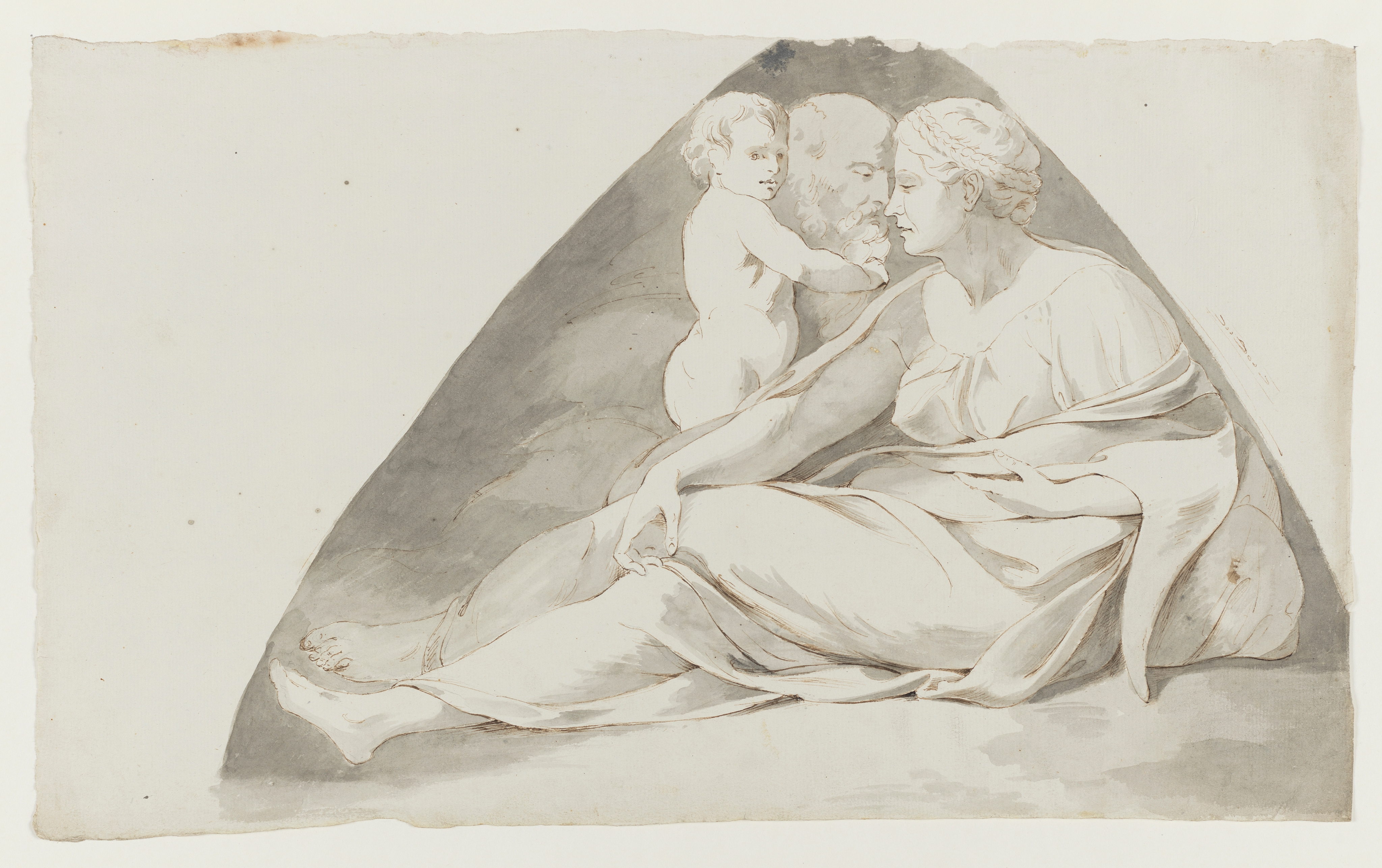 Drawing of a female figure, seated, facing left, with a bearded man and child behind her. Identified as a study of Ezechias, from the Sistine Chapel ceiling frescoes, after Michelangelo. The shading around the figure group forms a triangle. Made by Joseph Wright of Derby (1734-1797), after Michelangelo (1475-1564), c. 1774. Pen and ink and ink wash over pencil on paper. Presented in cream window mount.