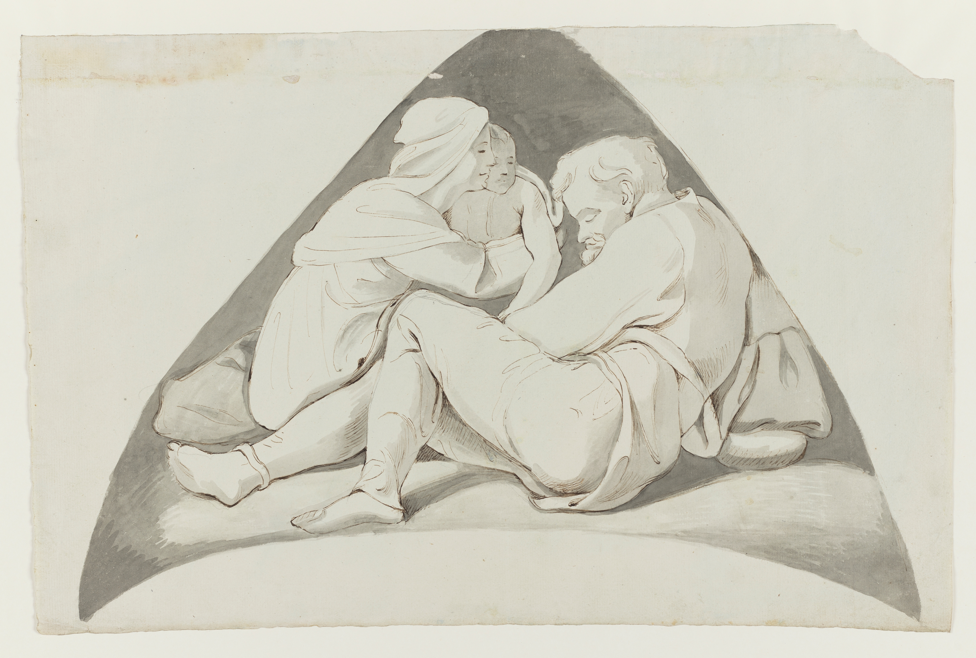 Drawing of a male figure, seated, facing left, with a woman and child behind him. Identified as a study of Josias, from the Sistine Chapel ceiling frescoes, after Michelangelo. The shading around the figure group forms a triangle. Top right corner of the sheet is missing. Made by Joseph Wright of Derby (1734-1797), after Michelangelo (1475-1564), c. 1774. Pen and ink and ink wash over pencil on paper. Presented in a cream window mount.