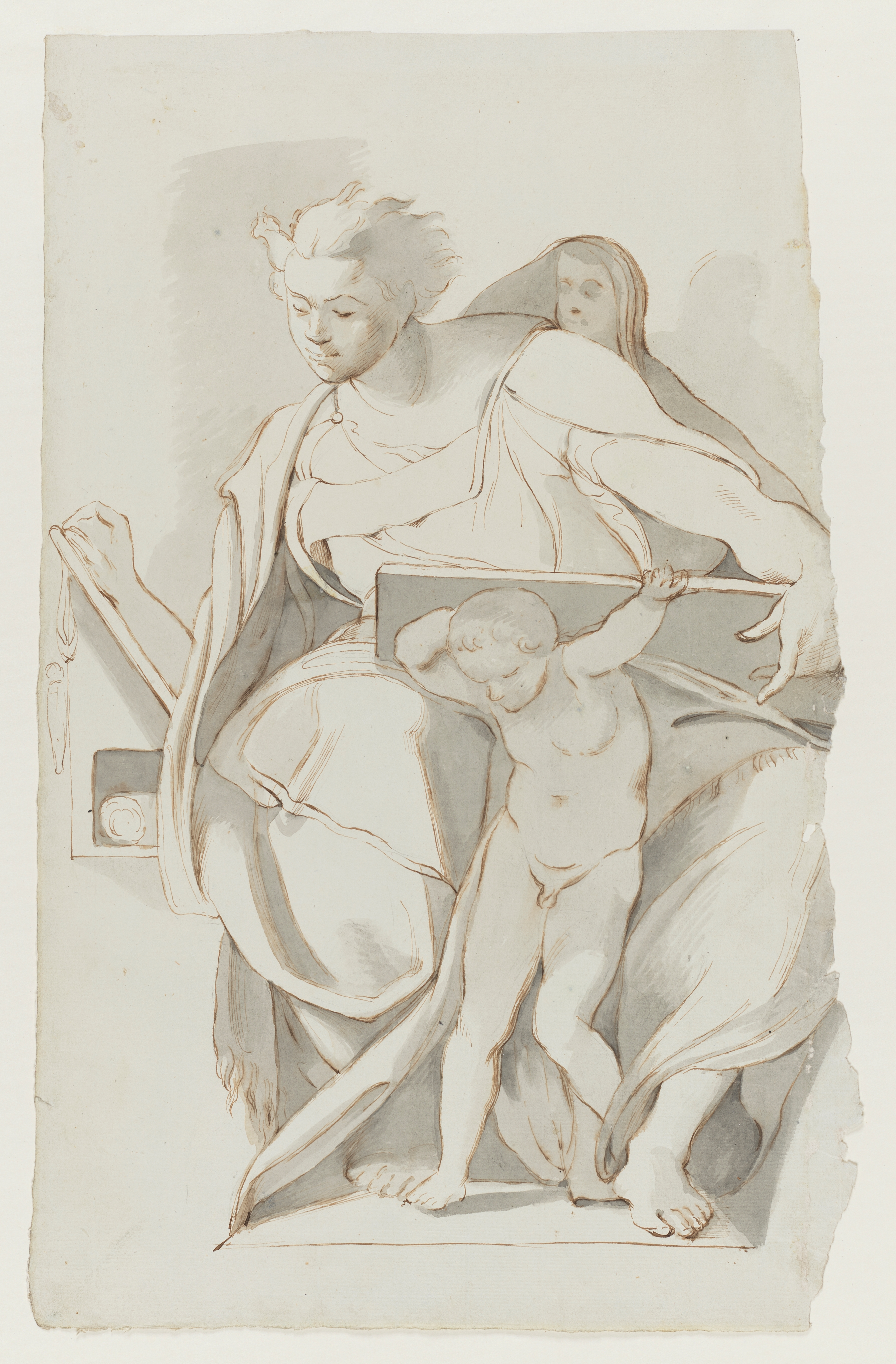 Drawing of a male figure, seated, facing left, with two children. Identified as a study of Daniel, from the Sistine Chapel ceiling frescoes, after Michelangelo. Right edge of the sheet is torn along its length. Made by Joseph Wright of Derby (1734-1797), after Michelangelo (1475-1564), c. 1774. Pen and ink and ink wash over pencil on paper. Presented in a cream window mount.