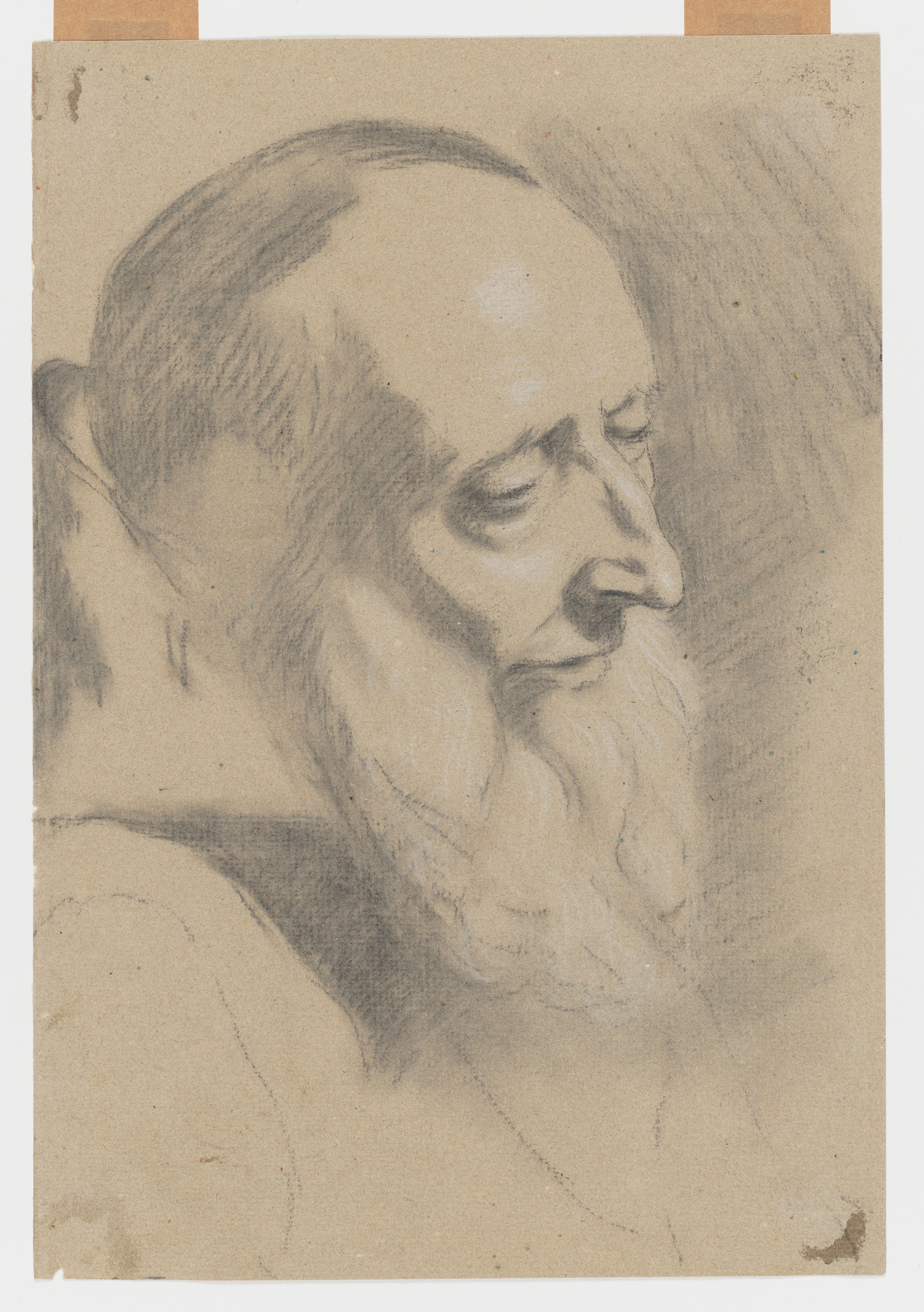 Drawing of a male head, bearded, facing right, possibly after a drawing or print after Piazetta. Made by Joseph Wright of Derby (1734-1797), after Piazetta (1682-1754), c. 1751-1755. Black and white chalks on buff coloured laid paper. Presented in a cream window mount.