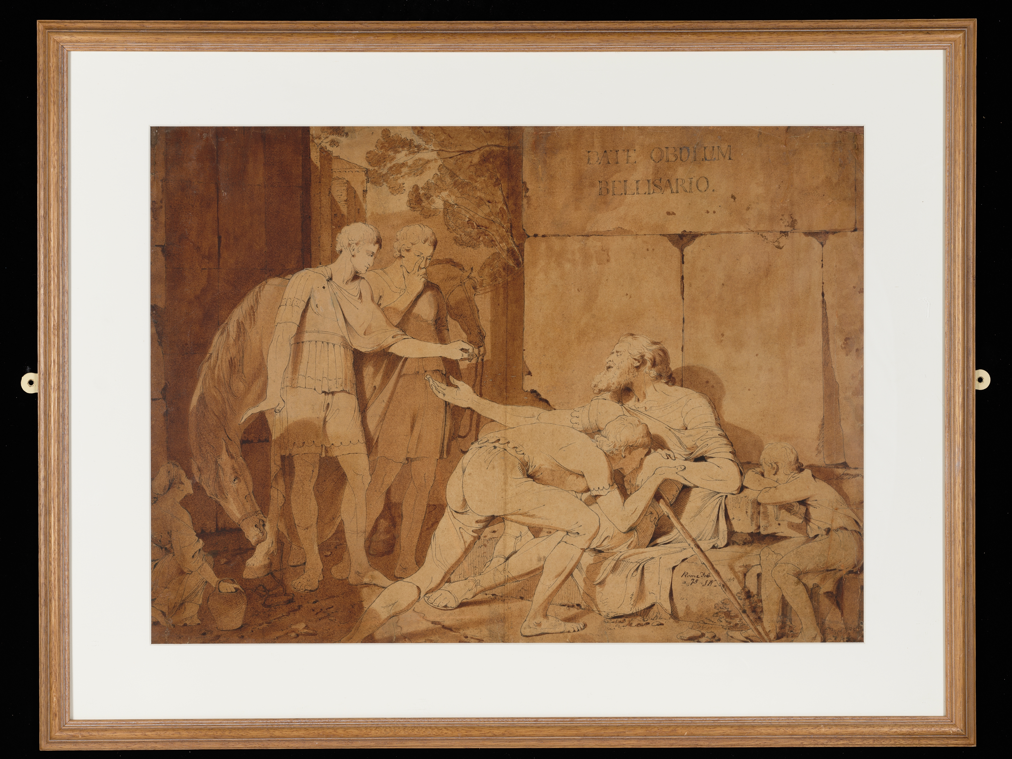 Drawing of a bearded, semi-clad figure receiving alms from two Roman soldiers. Identified by an inscription in a stone block above him as Belisarius. A young girl crouches in the bottom left corner holding a basket. To the right a young boy leans aginast a stone block, whilst another young boy bends to kiss Belisarius's hand. Inscribed to bottom right: 'Rome Feb / 75 - JW', and carved into a stone: ‘DATE OBOLUM BELLISARIO’.