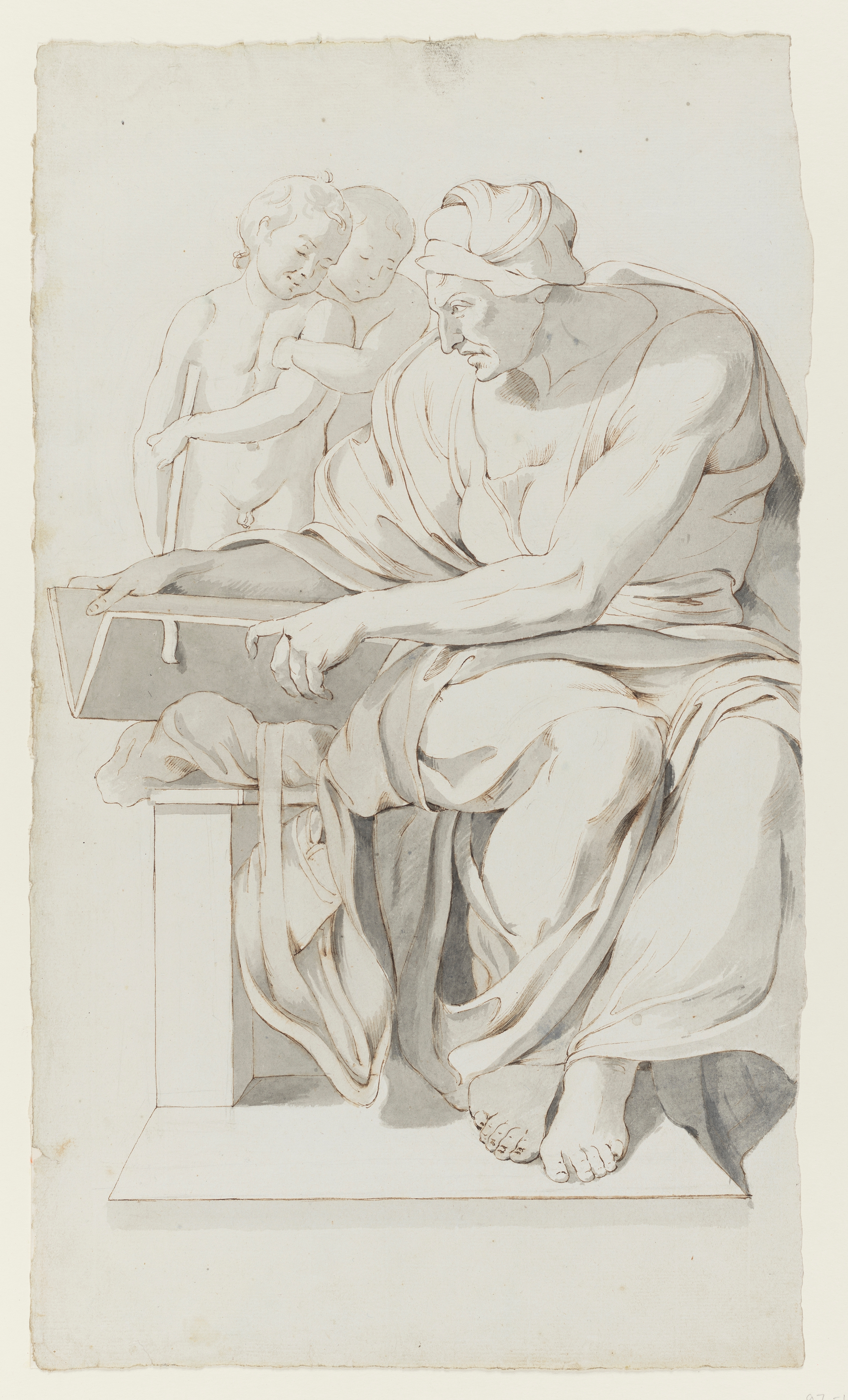 Drawing of a female figure, seated, facing left, holding a book. Two children behind. Identified as a study of the Cuman Sibyl, from the Sistine Chapel ceiling frescoes, after Michelangelo. Right edge of the sheet is torn along its length. Made by Joseph Wright of Derby (1734-1797), after Michelangelo (1475-1564), c. 1774-1775. Pen and brown ink with grey wash over pencil on paper. Presented in a cream window mount.