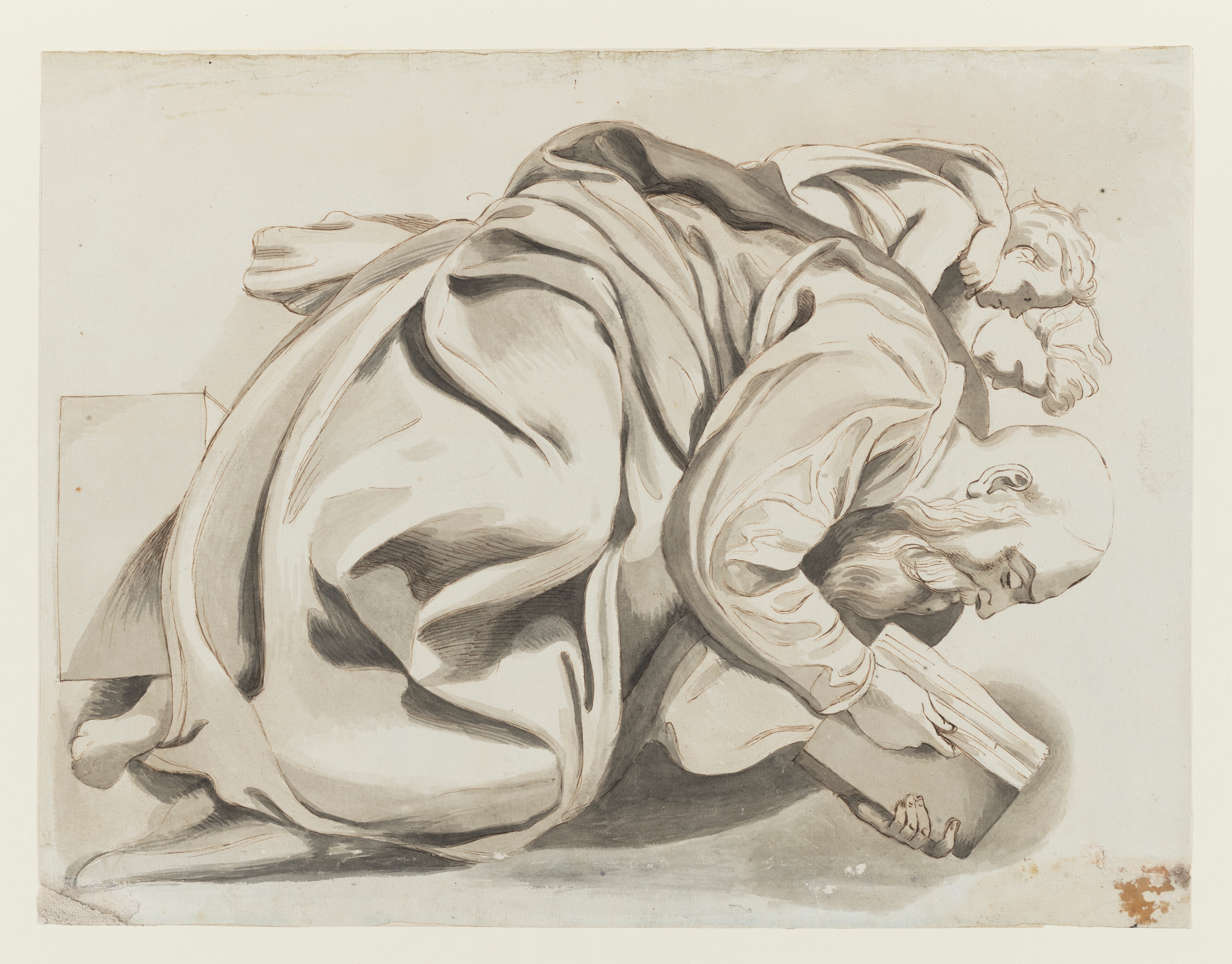 Drawing of a bearded male figure, seated, facing right, holding a book. Two children behind. Identified as a study of the Prophet Zacharias, from the Sistine Chapel ceiling frescoes, after Michelangelo. Right edge of the sheet is torn along its length. Made by Joseph Wright of Derby (1734-1797), after Michelangelo (1475-1564), c. 1774-1775.Pen and brown ink with grey wash over pencil on paper. Presented in a cream window mount.