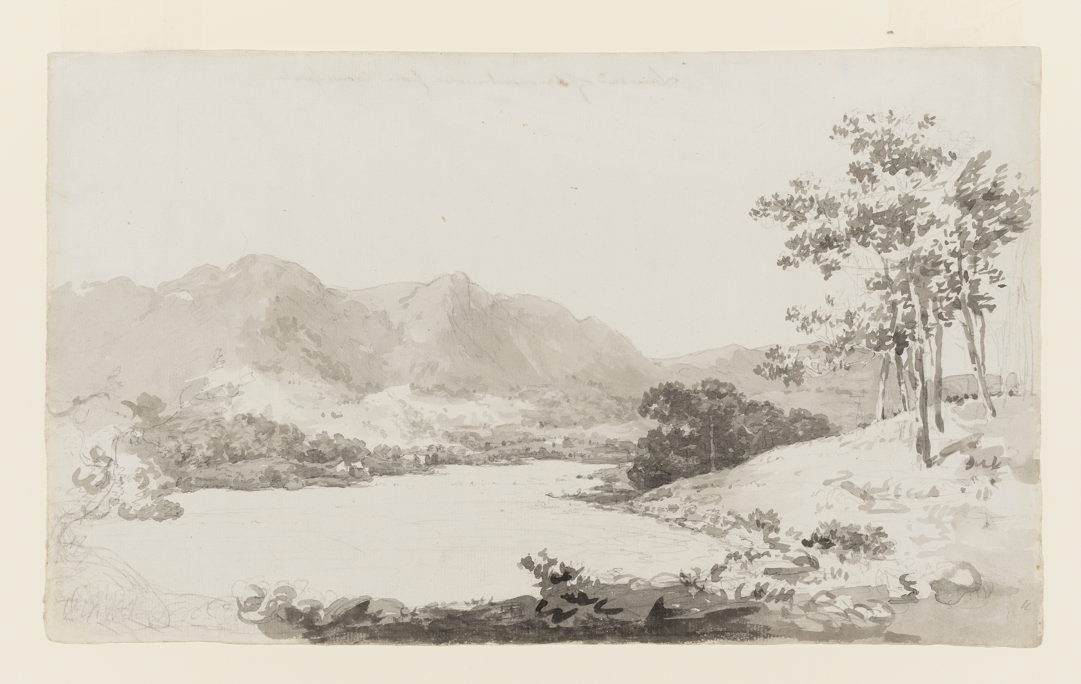 Pencil and ink wash drawing by Joseph Wright, inscribed on reverse 'Low End of Derwentwater from Crow Park'; titled verso (top centre) in ink and also 'bt. Sotheby's & Co 1963 (centre pencil) and 'R Wilson' (bottom right); David Fraser attributed this to Joseph Wright but does not know if it was bought in Sotheby's in 1963 or why the 'R. Wilson' is pencilled verso; height 390mm width 231mm; Pencil and ink wash drawing by Joseph Wright, inscribed on reverse 'Low End of Derwentwater from Crow Park'