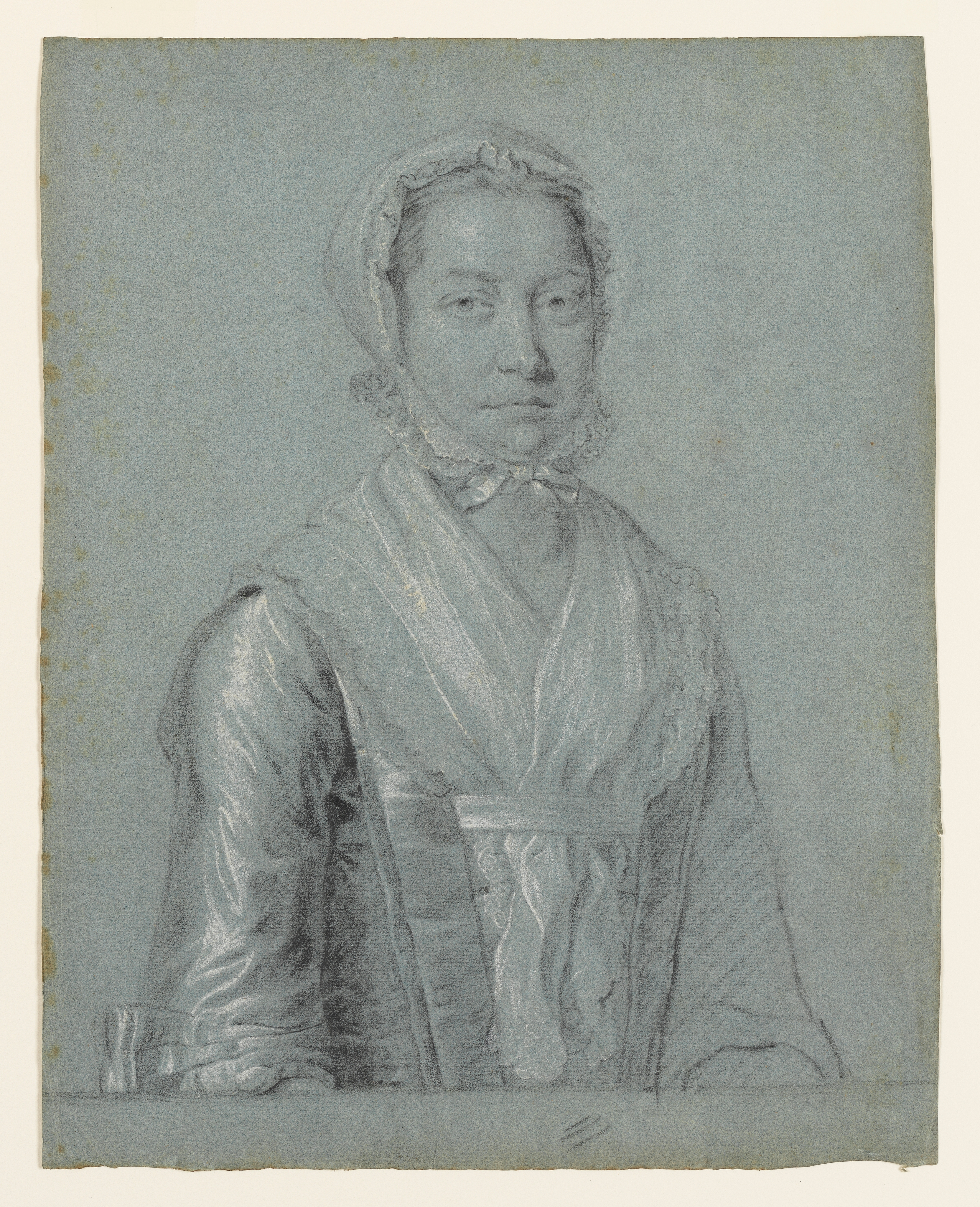 Chalk study on paper: 'Portrait Study of a Young Woman, possibly the Artist's Sister Hannah, by Joseph Wright of Derby (1734-1797), circa 1753-55. Mounted.