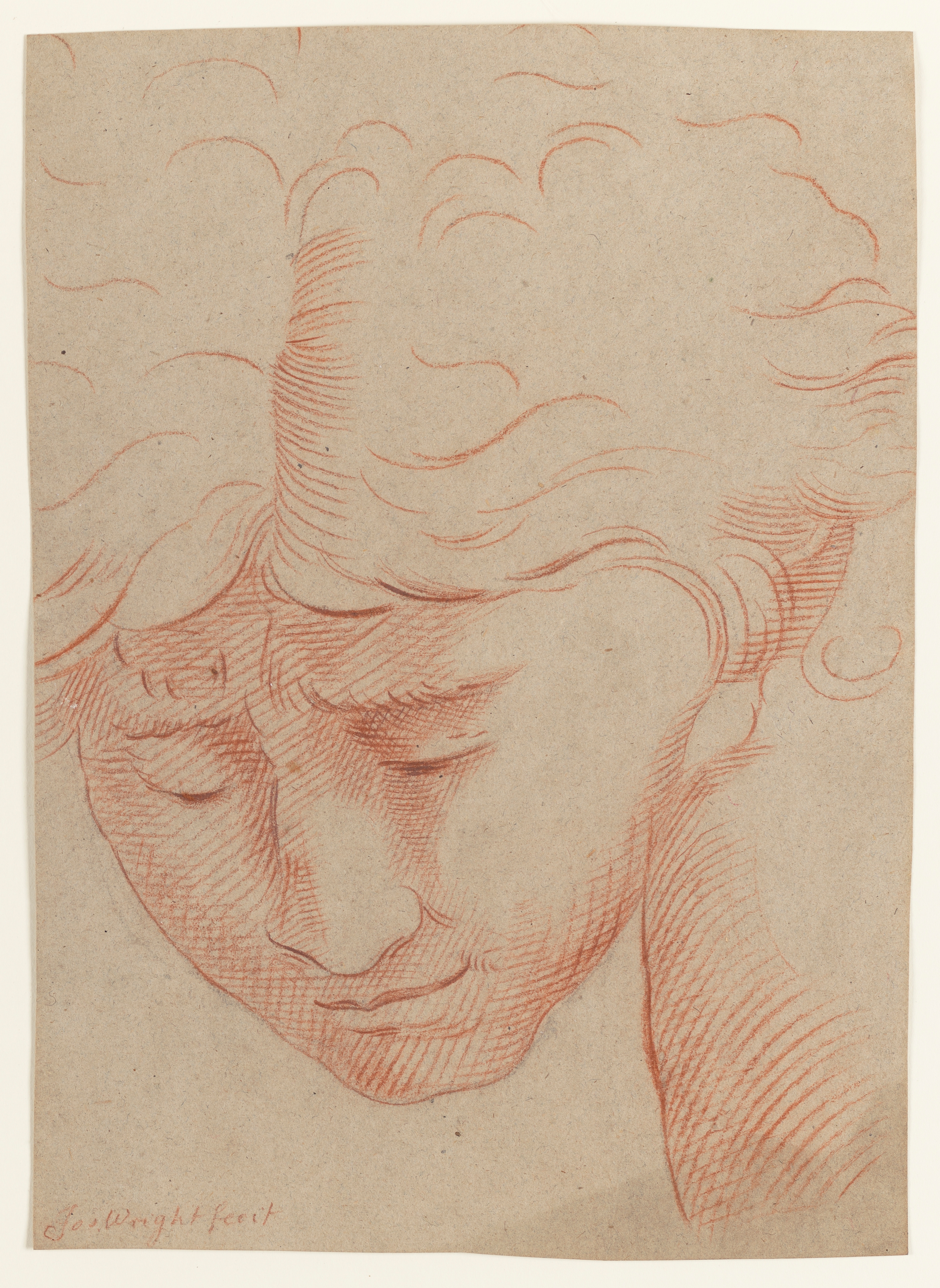 Study of a man's face, looking down, after Raphael's tapestry cartoon for the 'Death of Ananias'. An inscription (handwritten in red chalk), lower left, reads 'Jos. Wright fecit', recto, lower left, and '...ban drawing in the net', verso. Drawn by Joseph Wright of Derby (1734-1797), c.1751. Red chalk on buff paper. Displayed in a cream window mount.