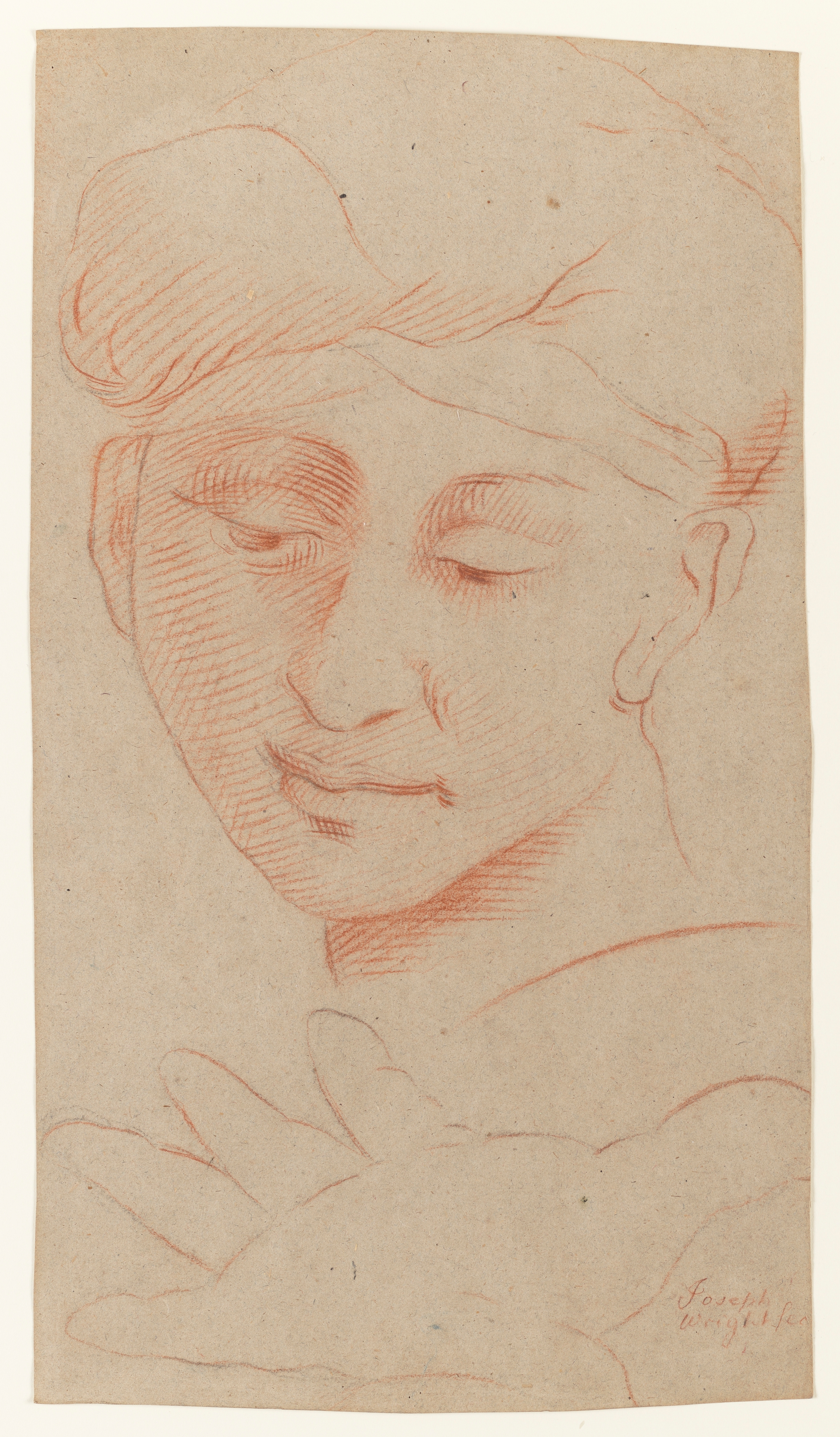 Study of a man's head, and a hand, after Raphael's tapestry cartoon for the 'Death of Ananias'. An inscription (handwritten in red chalk), lower left, reads 'Joseph Wright fec' (recto) and 'August 26 1751 No.11' (verso). Drawn by Joseph Wright of Derby (1734-1797), c.1774. Red chalk on paper. Displayed in a cream window mount.