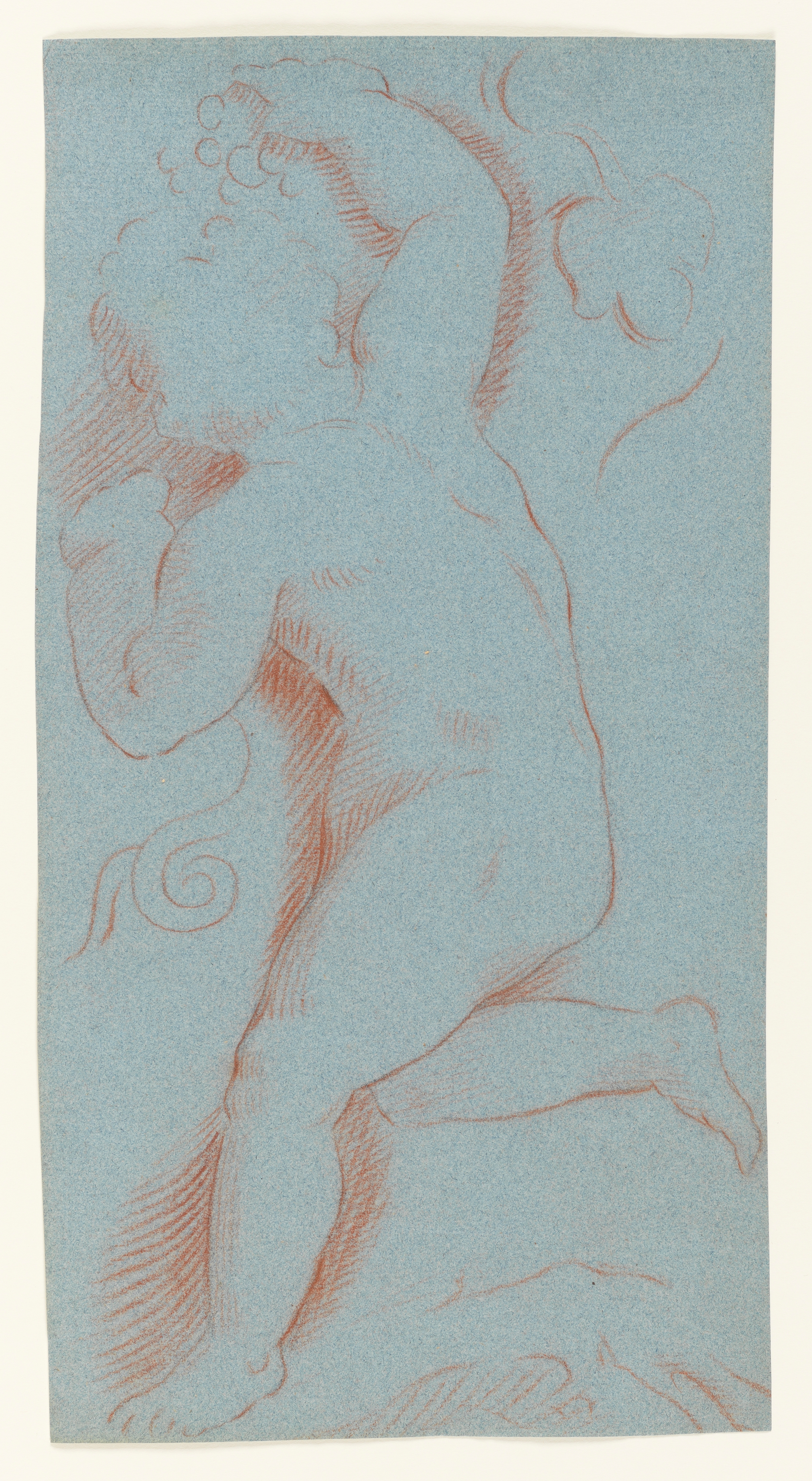 Study of a putto, seen from behind, amid vine leaves and tendrils, after Raphael's tapestry cartoon for 'The Healing of the Lame Man.' Inscribed verso 'September 7 1751'. Made by Joseph Wright of Derby (1734 - 1797). Red chalk on blue paper, in cream window mount.