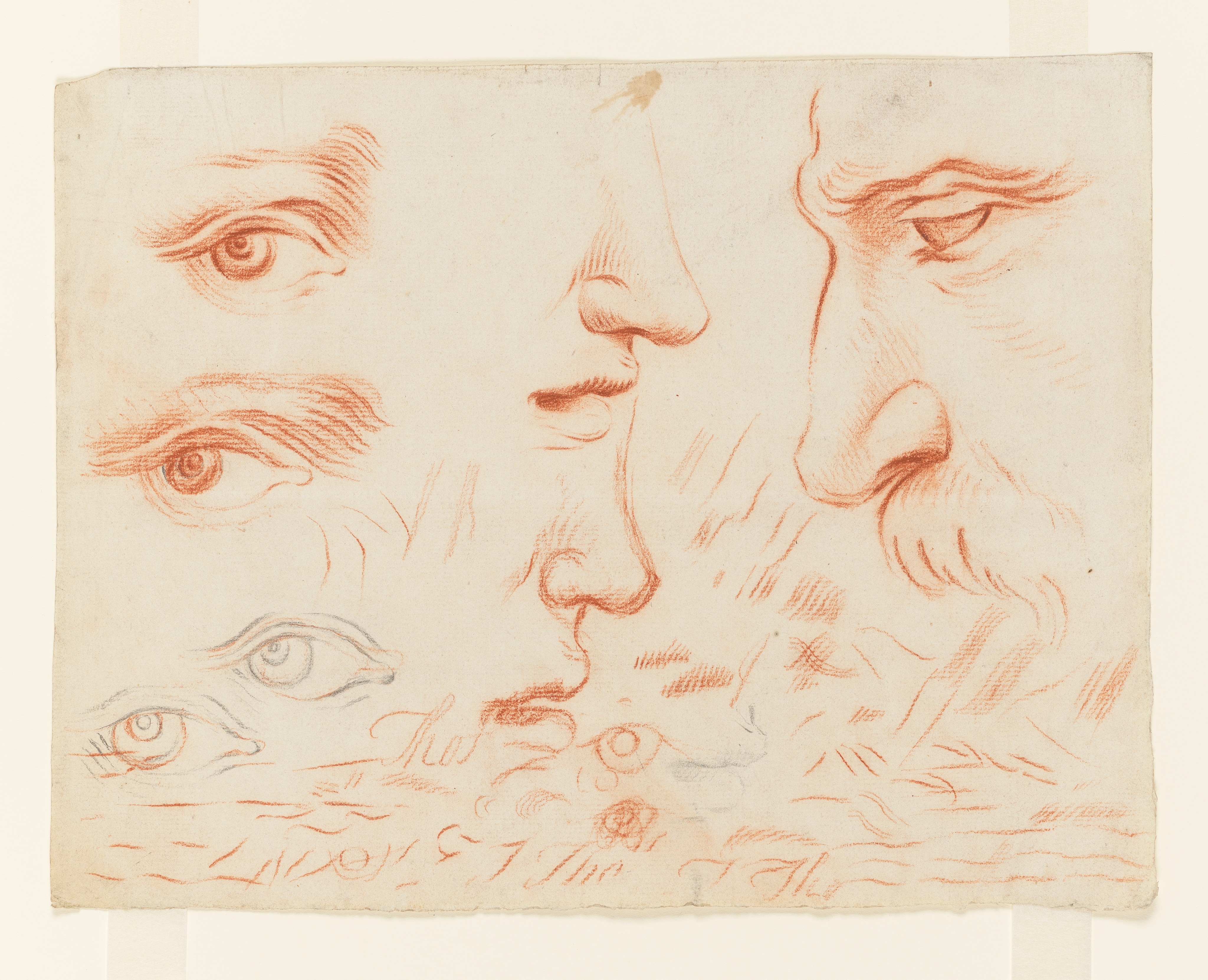 Studies of eyes and noses and the profile of a man's face, with areas of test hatching of various degrees of weight and intensity. Inscribed 'Thos.' and 'Tho' to recto in three places. Made by Joseph Wright of Derby (1734 - 1797) in 1751. Pencil and red chalk on paper, in cream window mount.