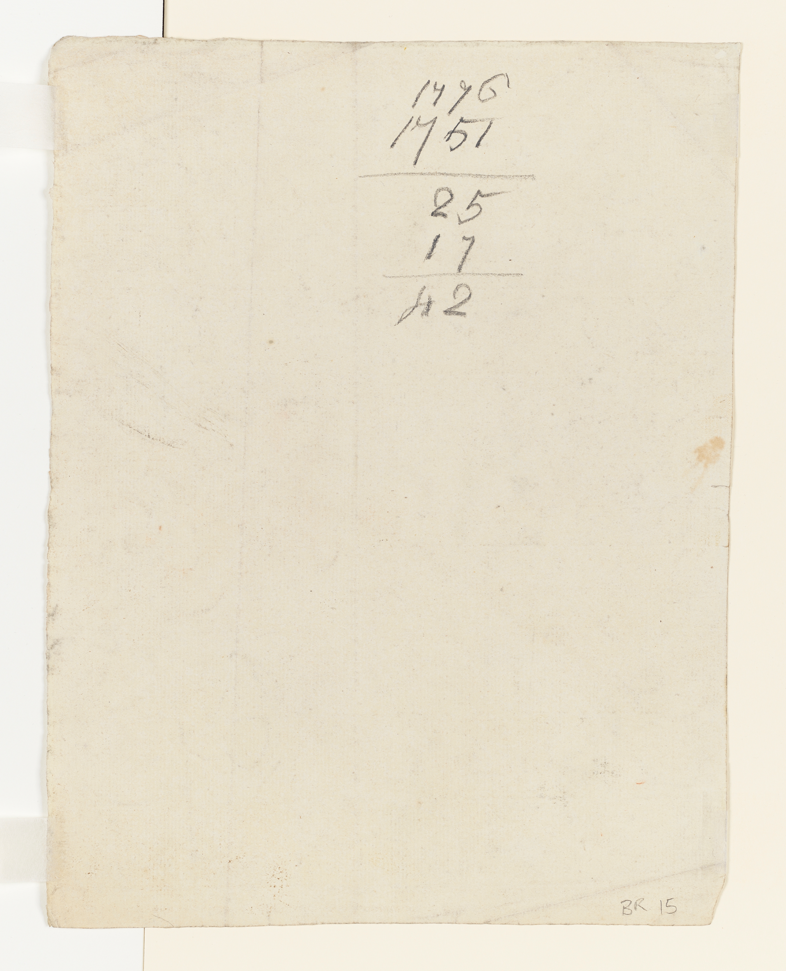 Mathematical calculation: '1776 / 1751 / -- 25 / 17/ -- / 42'. Made by Joseph Wright of Derby (1734 - 1797) in 1776. Pencil on paper, in cream window mount.