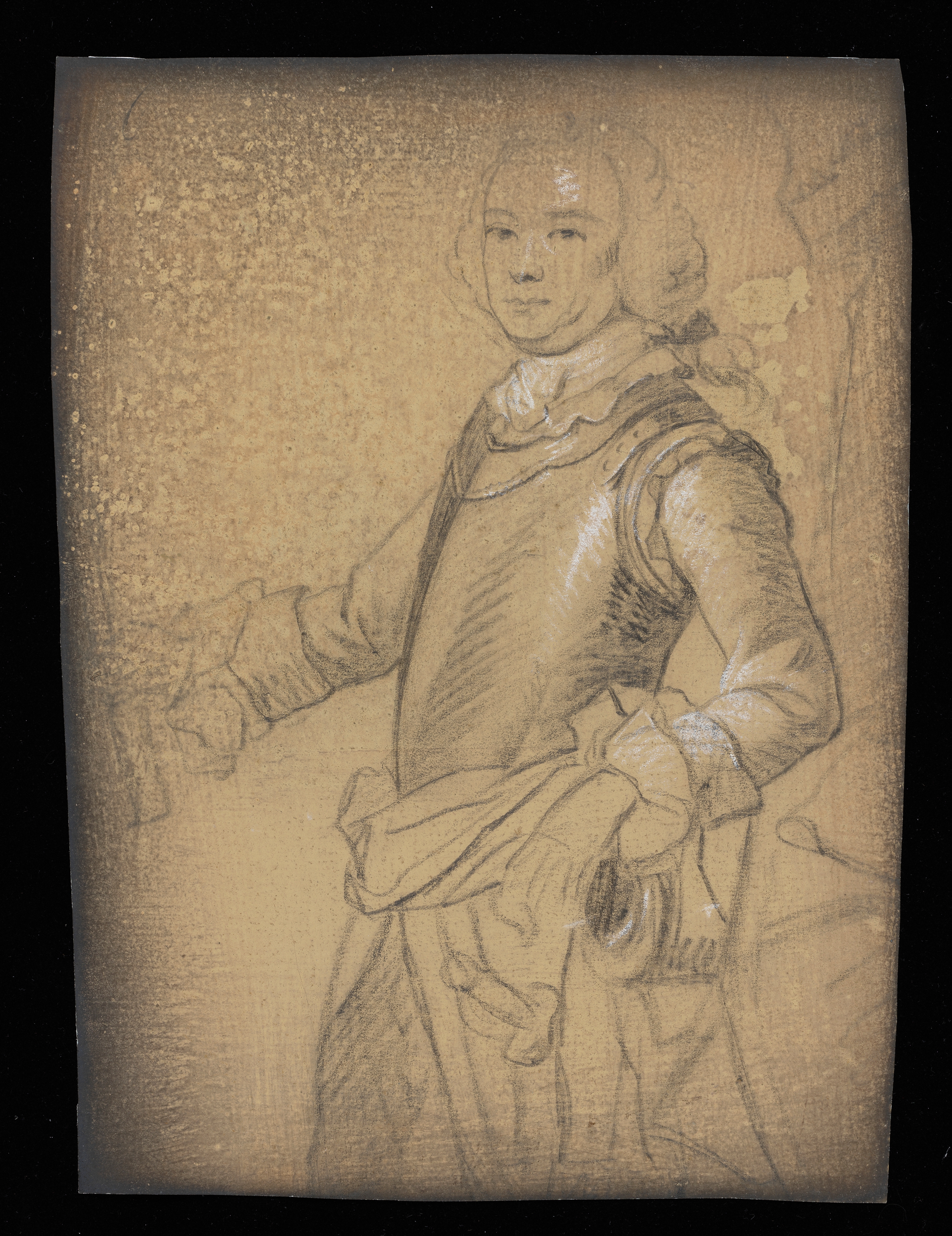 Study of a man, called Charles Knowles; wearing a breast plate and sword, leaning on a canon, his right hand holding a baton. He wears a wig tied at the nape of his neck and looks out towards the viewer. A rocky outcrop rises up behind him, to the right. Made by Joseph Wright of Derby (1734 - 1797). Black and white chalk on buff grey prepared paper, in a cream window mount.