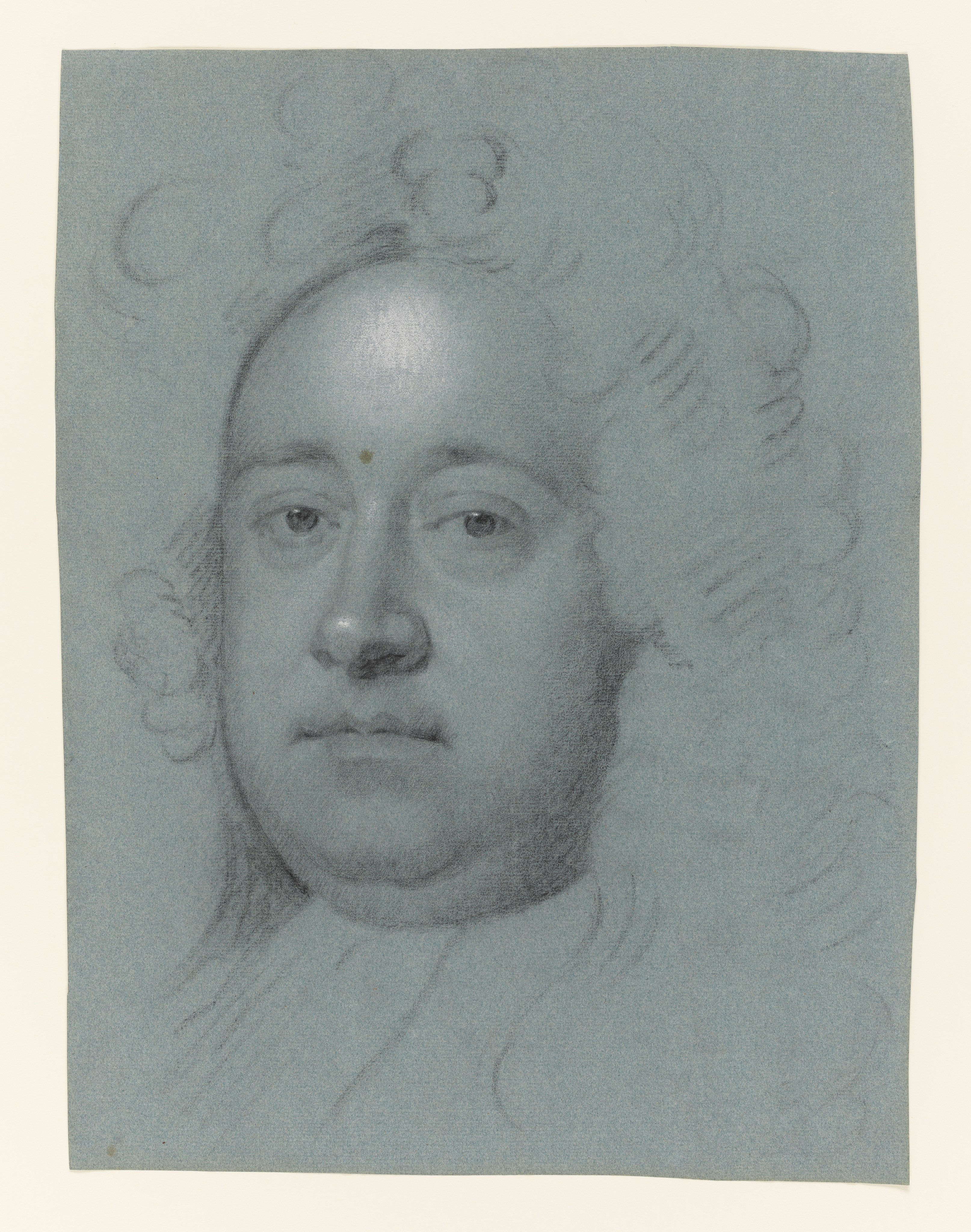 Study of a man, possibly George Frederick Handel, head only, turned slightly to the left, his voluminous hair or wig curled and hanging loose to his shoulders. A small dark mark visible to the centre of his brow. Made by Joseph Wright of Derby (1734 - 1797). Black and white chalk on blue paper, in cream window mount.