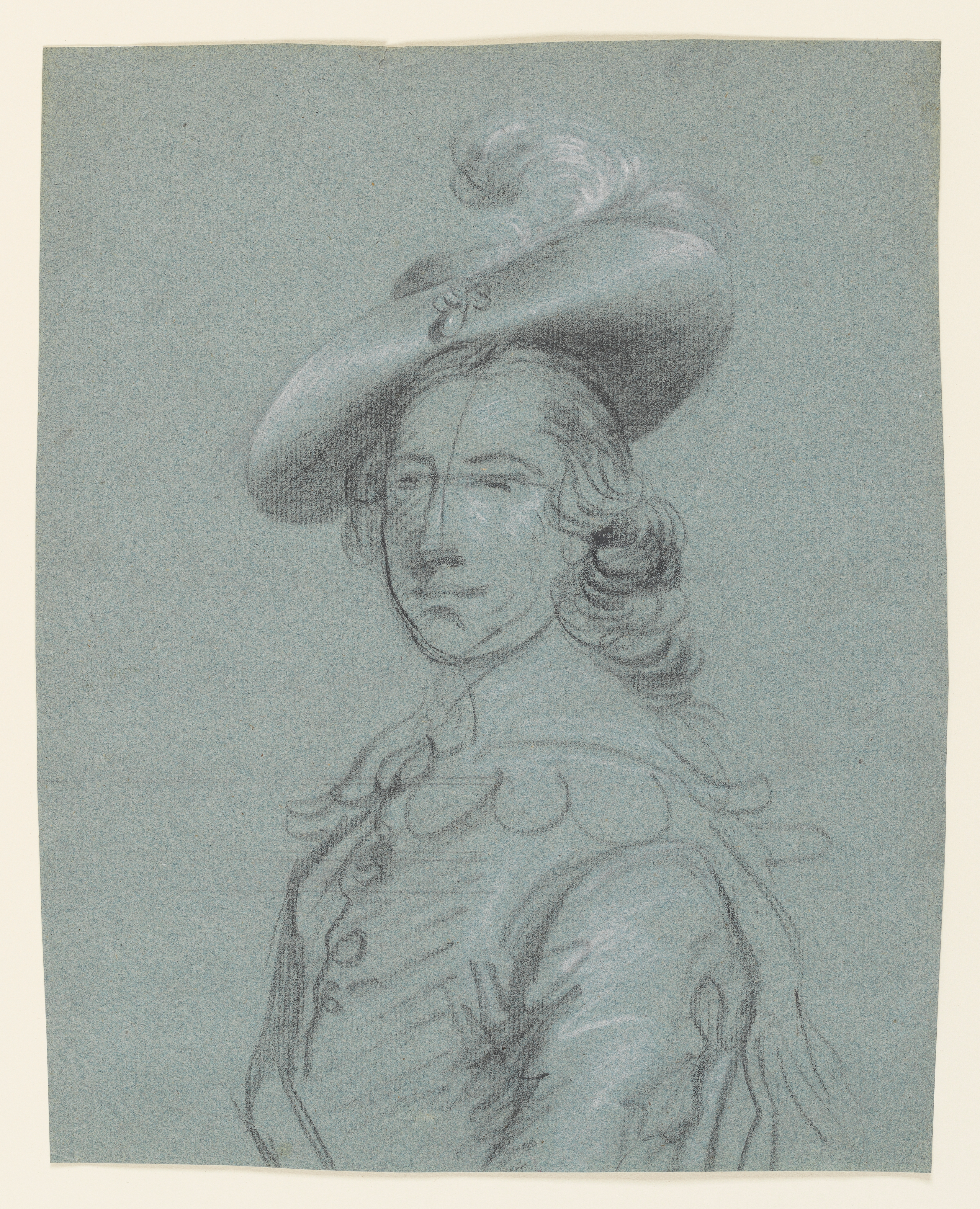 Study of a man, called George Montague Dunk, 2nd Earl of Halifax, after a painting by George Knapton; head and torso only, turned to the left, wearing a ostrich-plumed hat decorated with a drop pearl, an elaborate, scalloped collar, and cloak. Made by Joseph Wright of Derby (1734 - 1797). Black and white chalk on blue paper, in cream window mount.