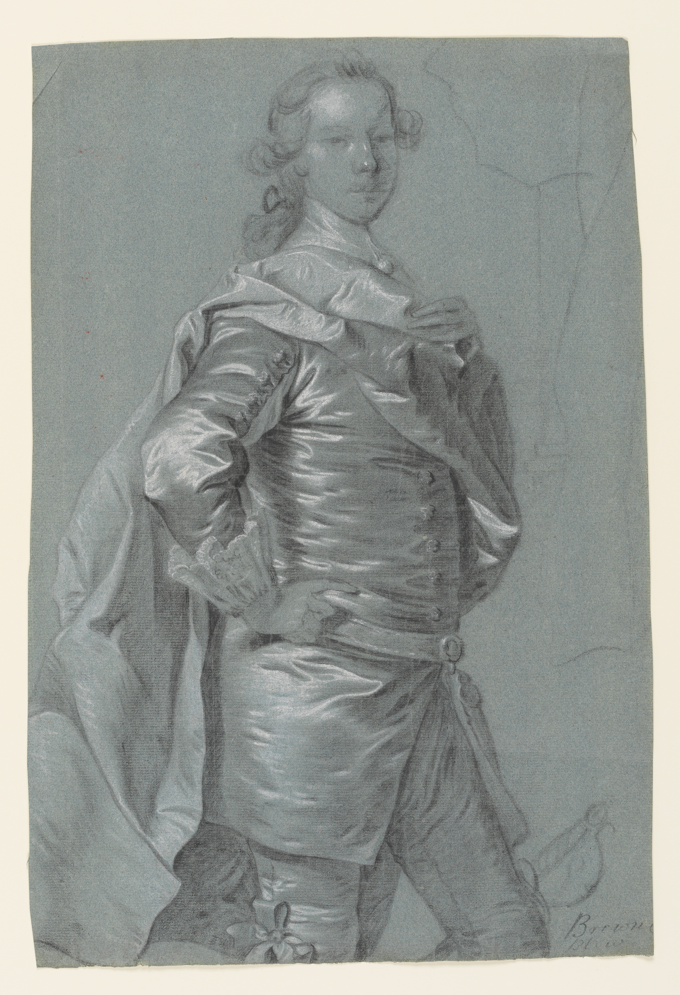Study of a young man, facing right, in Van Dyck costume, after a painting of an unknown man by Thomas Hudson. He is standing, with his left leg bent at the knee, and his right hand on his hip. His left hand holds a long drape of silk to his chest, which twists around his torso and falls over his right shoulder to his knee. he wears a sword at his side. The outline of a drape is visible to his right. Inscribed to lower right, 'Brown & Blew'. Made by Joseph Wright of Derby (1734 - 1797). Black and white chalk on blue paper, in cream window mount.