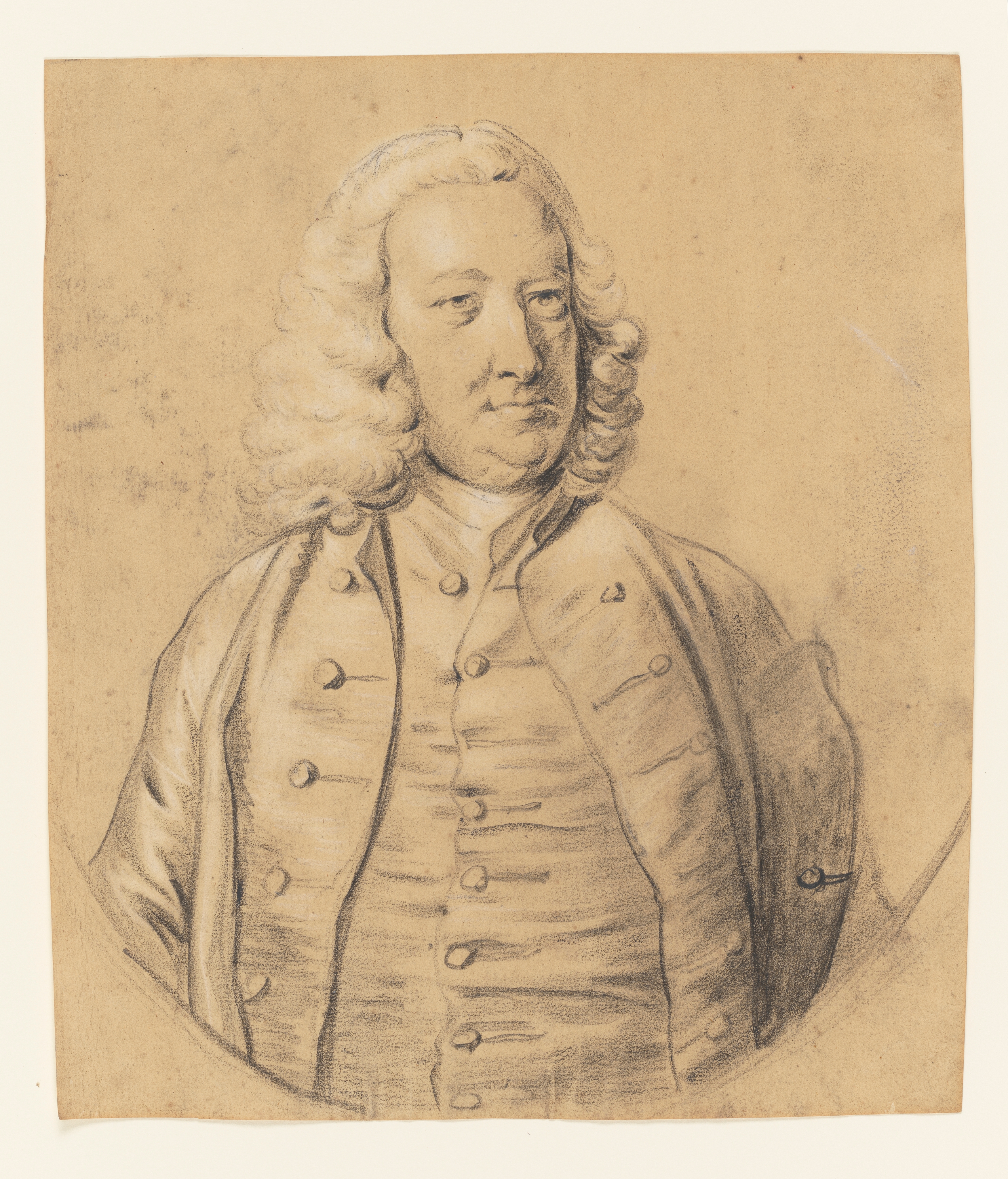 Study of a man, called William King; in a feigned oval, his head turned to the right, wearing a coat and waistcoat, with a cocked hat under his left arm. Made by Joseph Wright of Derby (1734 - 1797). Black and white chalk on buff paper, in cream window mount.