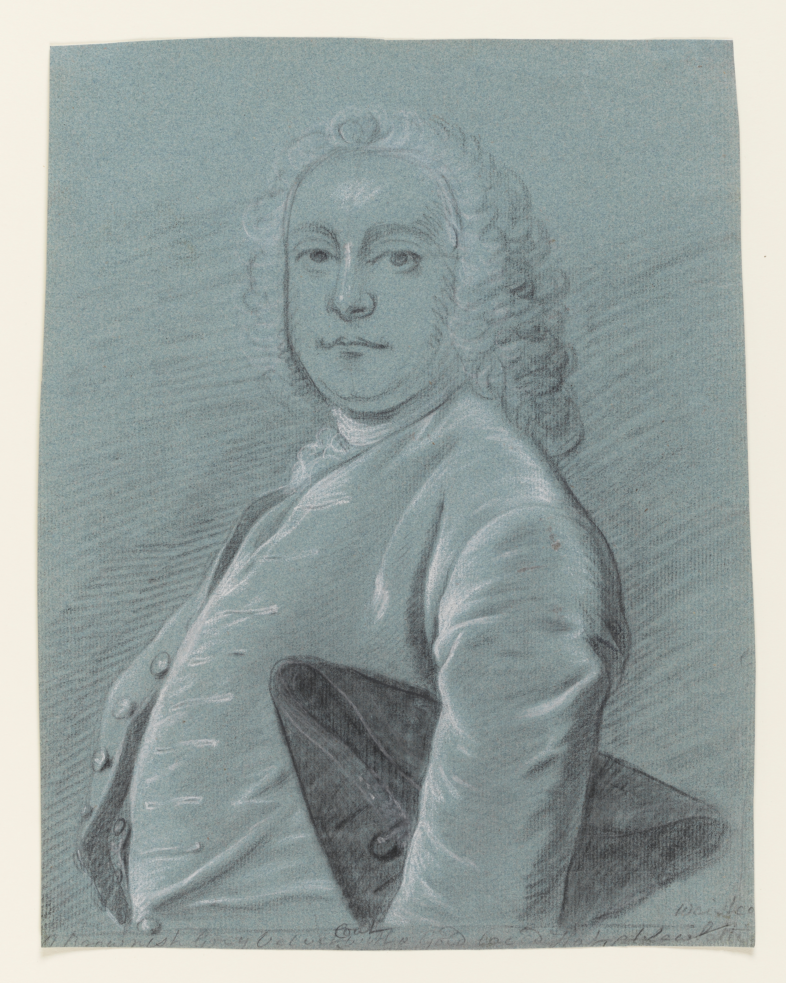 Study of a man, called John Heath; head and torso only, his body turned to the left, his face forward, wearing a coat and holding a cocked hat under his left arm. Made by Joseph Wright of Derby (1734 - 1797). Black and white chalk on blue paper, in cream window mount.