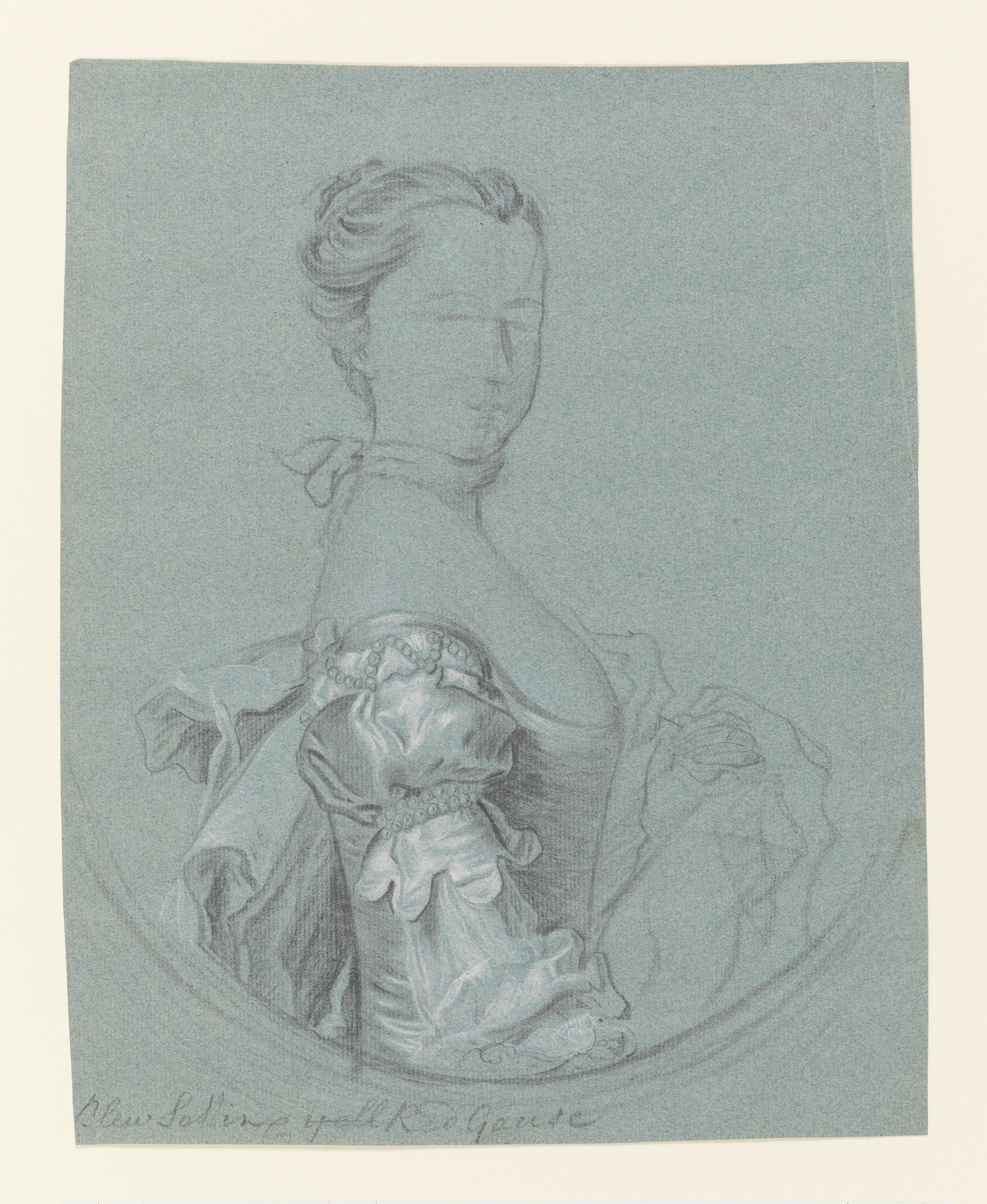 Study of a woman, head and torso only, in a feigned oval, her body turned to the right, her face forward, her left hand raised. Her face lacks detail, just a few bare guidelines and the outline of a nose, eyebrows, and mouth. Greater detail has been lavished on her costume, which appears Van Dyck-like in style, including a puffed and scalloped sleeve, decorated with rows of pearls. She is surrounded by a silk or gauze drape. Inscribed below, 'Blew Sattin & yell [crossed through] Red Gauze'. Made by Joseph Wright of Derby (1734 - 1797). Black and white chalk on blue paper, in cream window mount.
