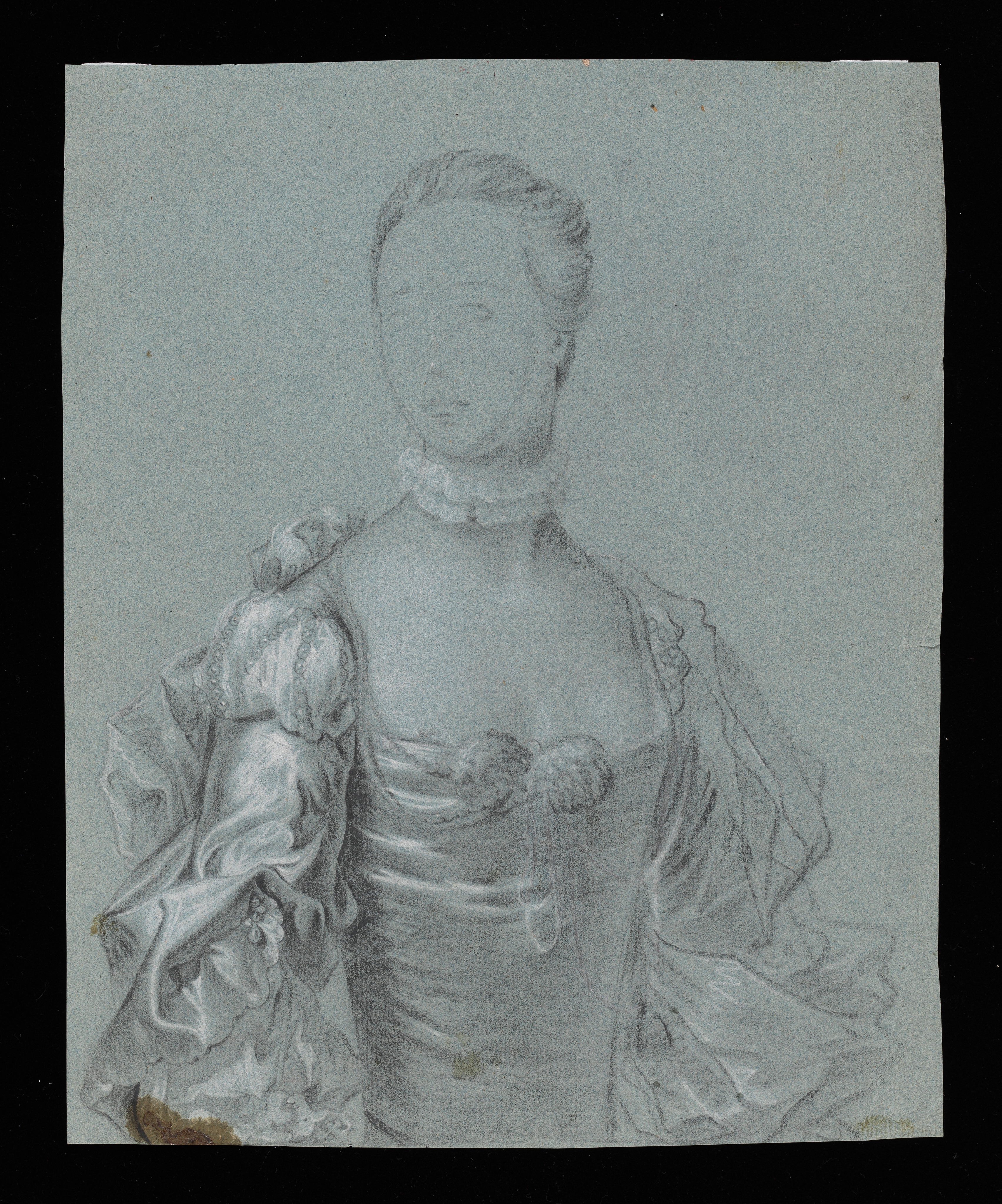 Study of a woman, called Jane Cust, head and torso only, her body facing forwards, her head inclined slightly to the left. Her face is lightly sketched, the majority of the focus of the drawing being on her elaborate dress. She wears a low cut bodice decorated with strings of pearls, her sleeves puffed at the shoulders and decorated with pearls. She wears a lace choker at her neck and a gauze drape about her shoulders. Her hair is dressed with strings of pearls. Brown staining to lower left. Made by Joseph Wright of Derby (1734 - 1797). Black and white chalk on blue paper, in cream window mount.