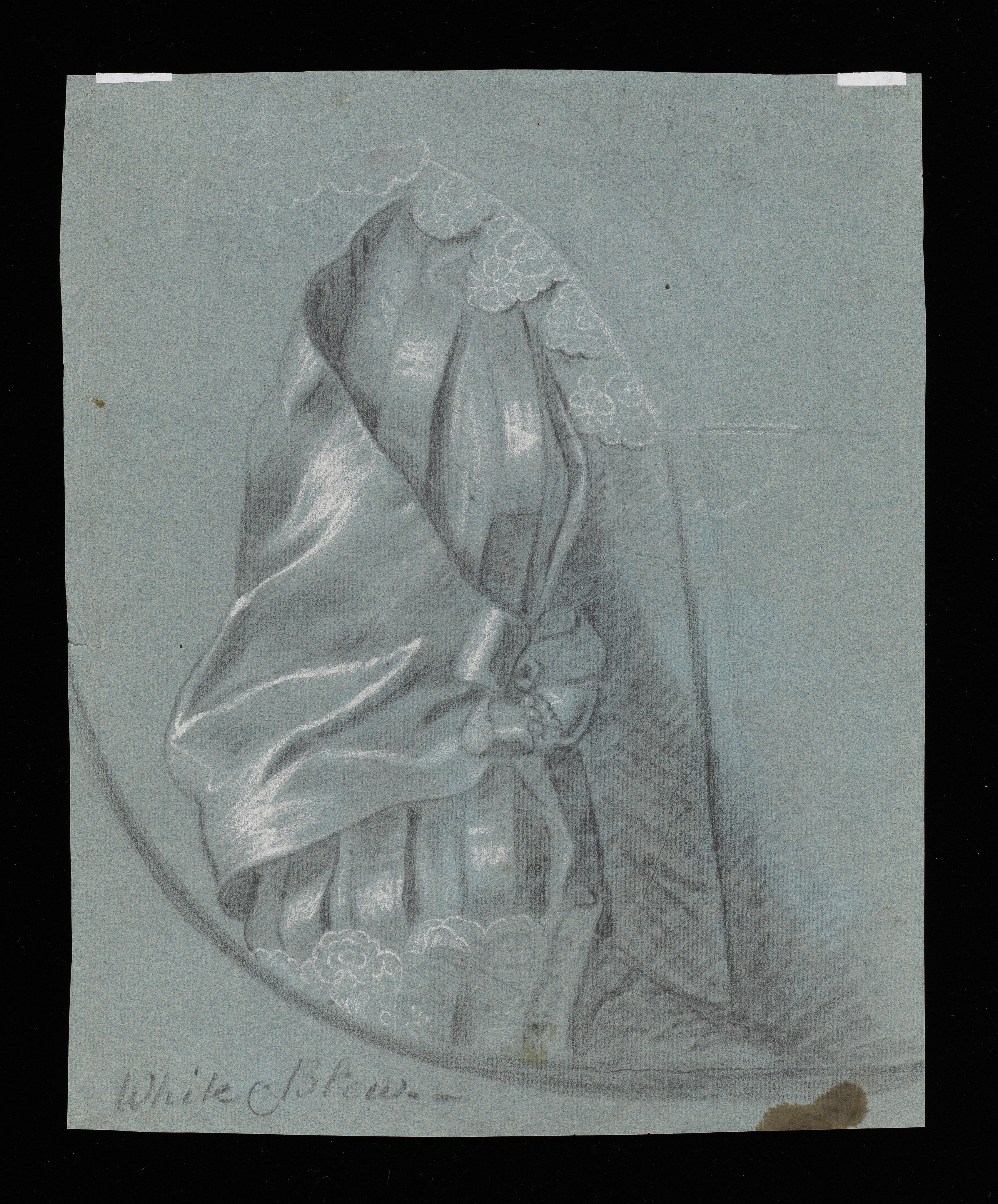 Study of a woman's right arm, in Van Dyck dress, in a feigned oval; the sleeve slashed and decorated with a bow and pearl, and finished with a lace cuff. The bodice is trimmed with lace. Inscribed to lower left 'White & Blew.' Made by Joseph Wright of Derby (1734 - 1797). Black and white chalk on blue paper, in cream window mount.