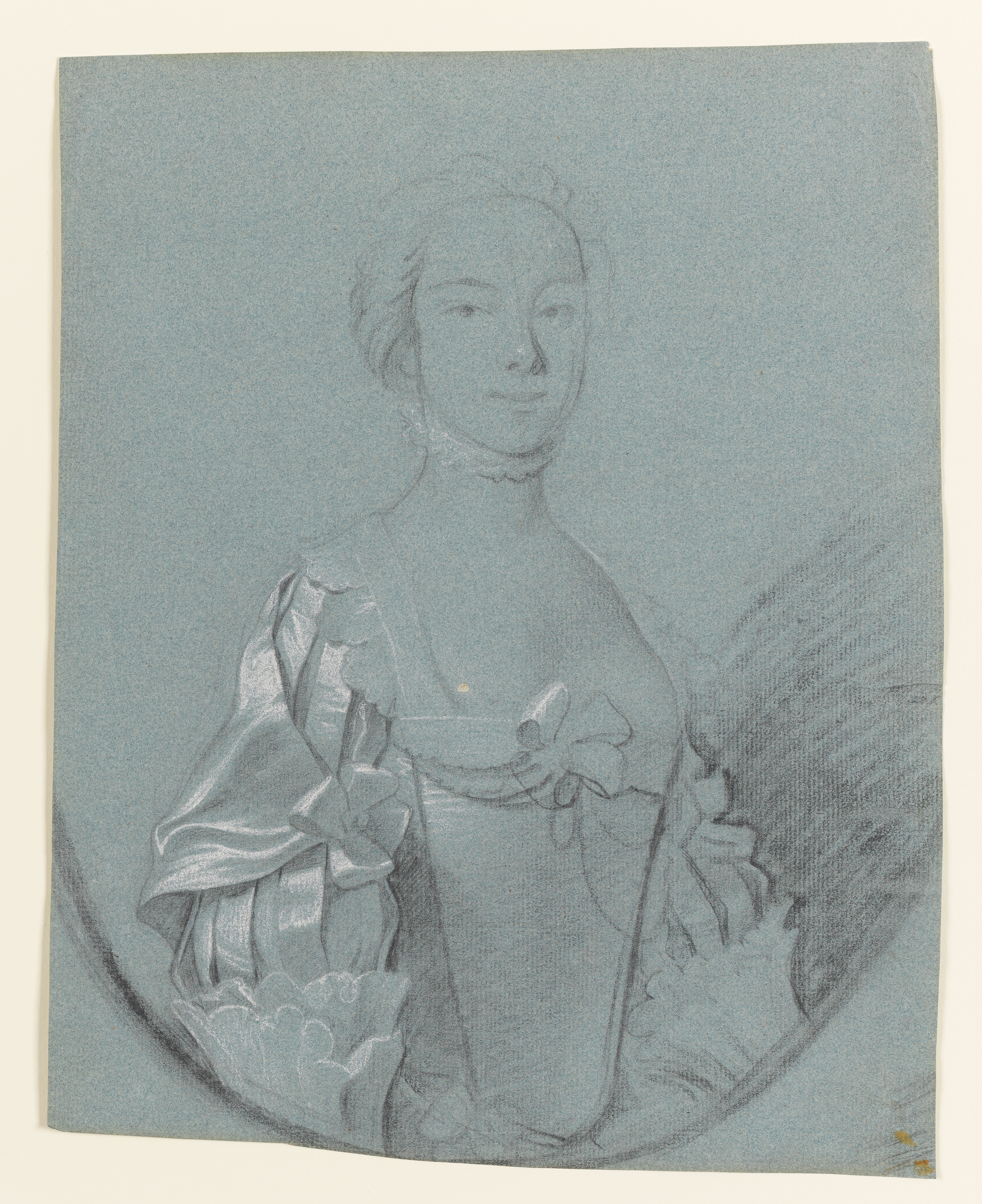Study of a woman in Van Dyck dress, head and torso only, facing slightly to the right, in a feigned oval; wearing a gown with slashed sleeves and lace cuffs, lace trim to the bodice, and bos to the sleeves and bodice front. Her hair is tied back and she wears lace choker around her neck. Made by Joseph Wright of Derby (1734 - 1797). Black and white chalk on blue paper, in cream window mount.