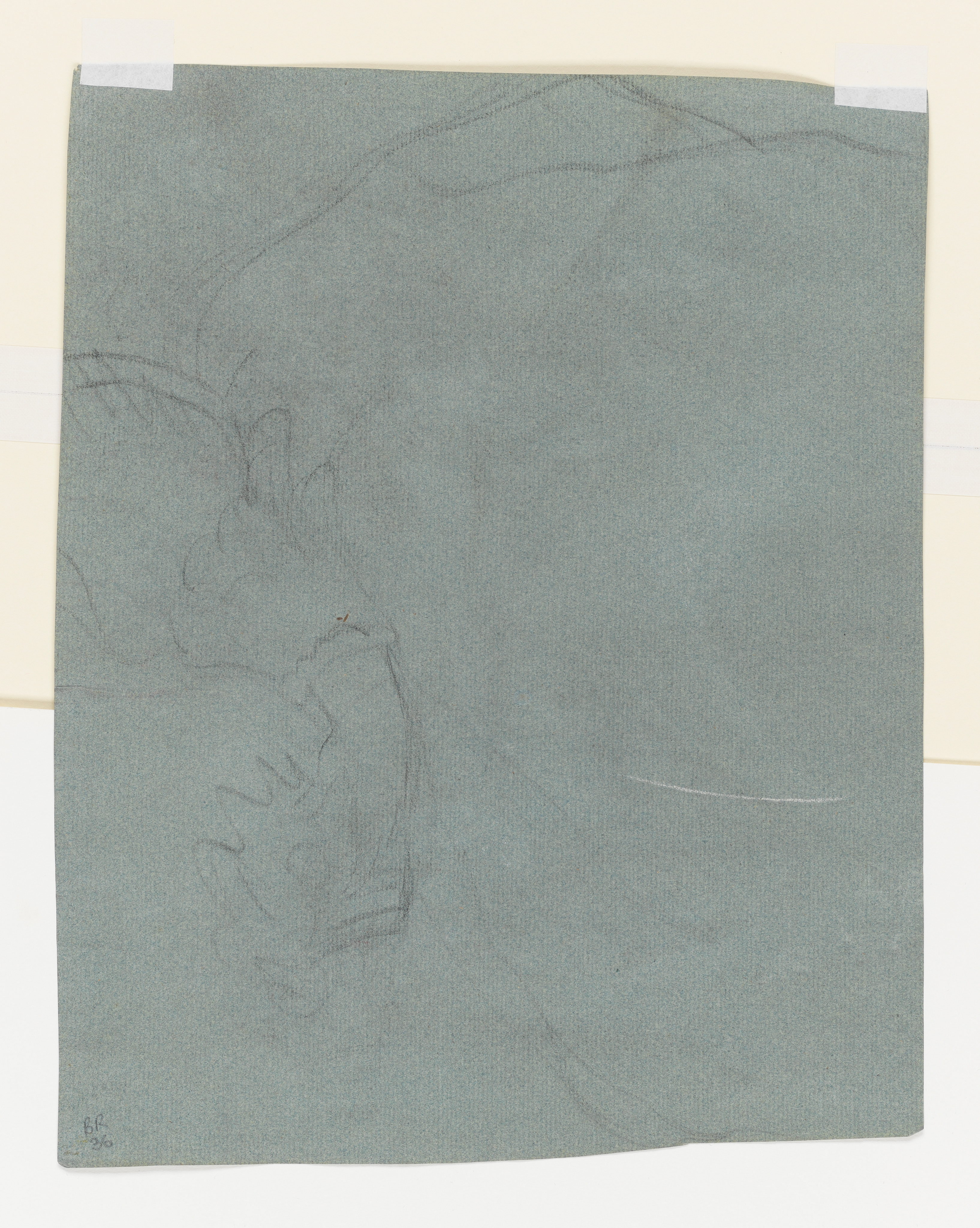 Study of a woman in Van Dyck dress, her left arm and skirts only, holding a basket of flowers. Slightly sketched. Inscribed 'BR 36' upper left corner. Made by Joseph Wright of Derby (1734 - 1797). Black chalk on blue paper, in cream window mount.