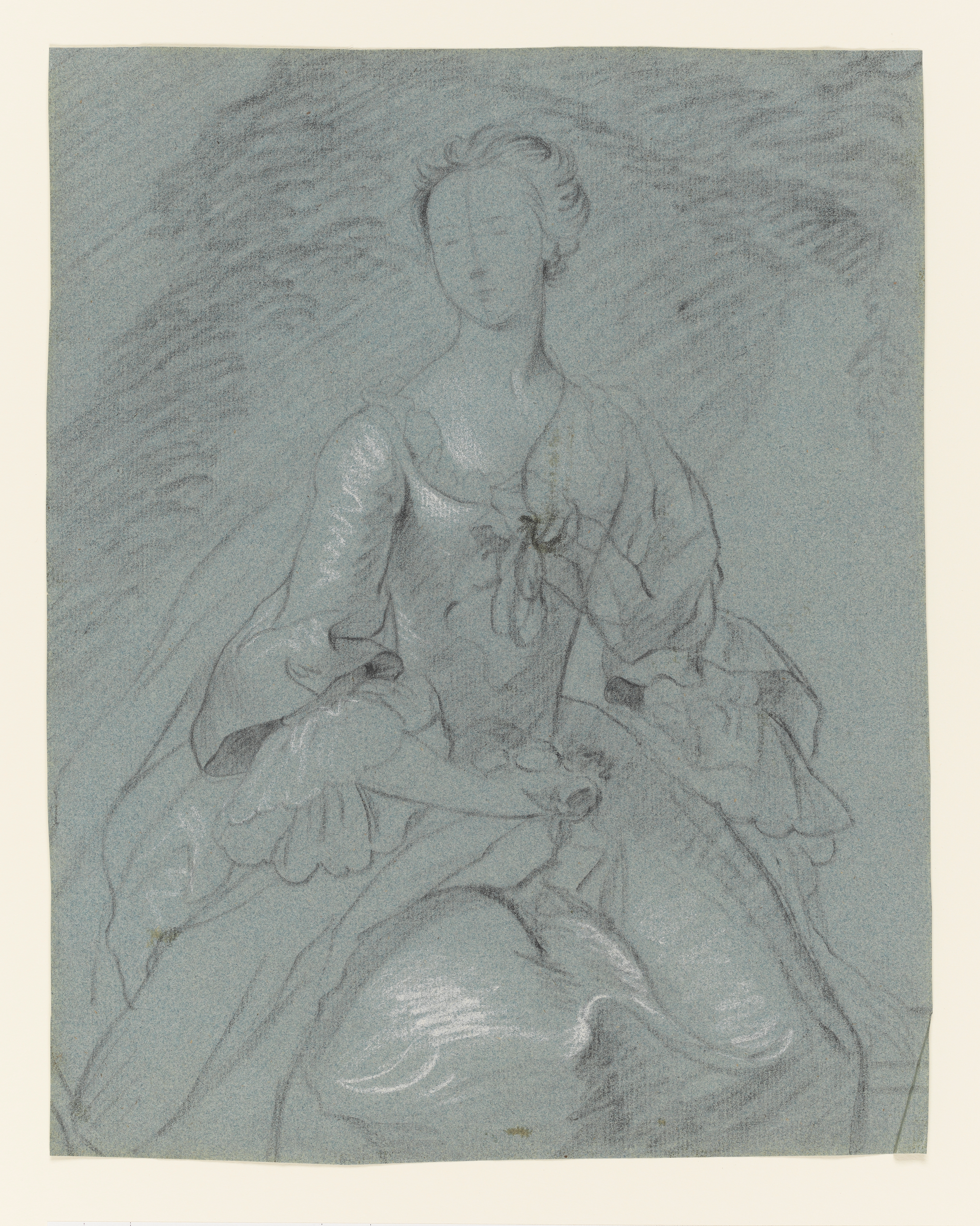 Study of a woman, called Elizabeth Cartwright, after a portrait by Thomas Hudson; to knees, her head slightly inclined to the left, her face slightly sketched, seated on a ledge, wearing a satin gown with a shawl around her elbows, holding a flower in her lap. Made by Joseph Wright of Derby (1734 - 1797). Black and white chalk on blue paper, in cream window mount.