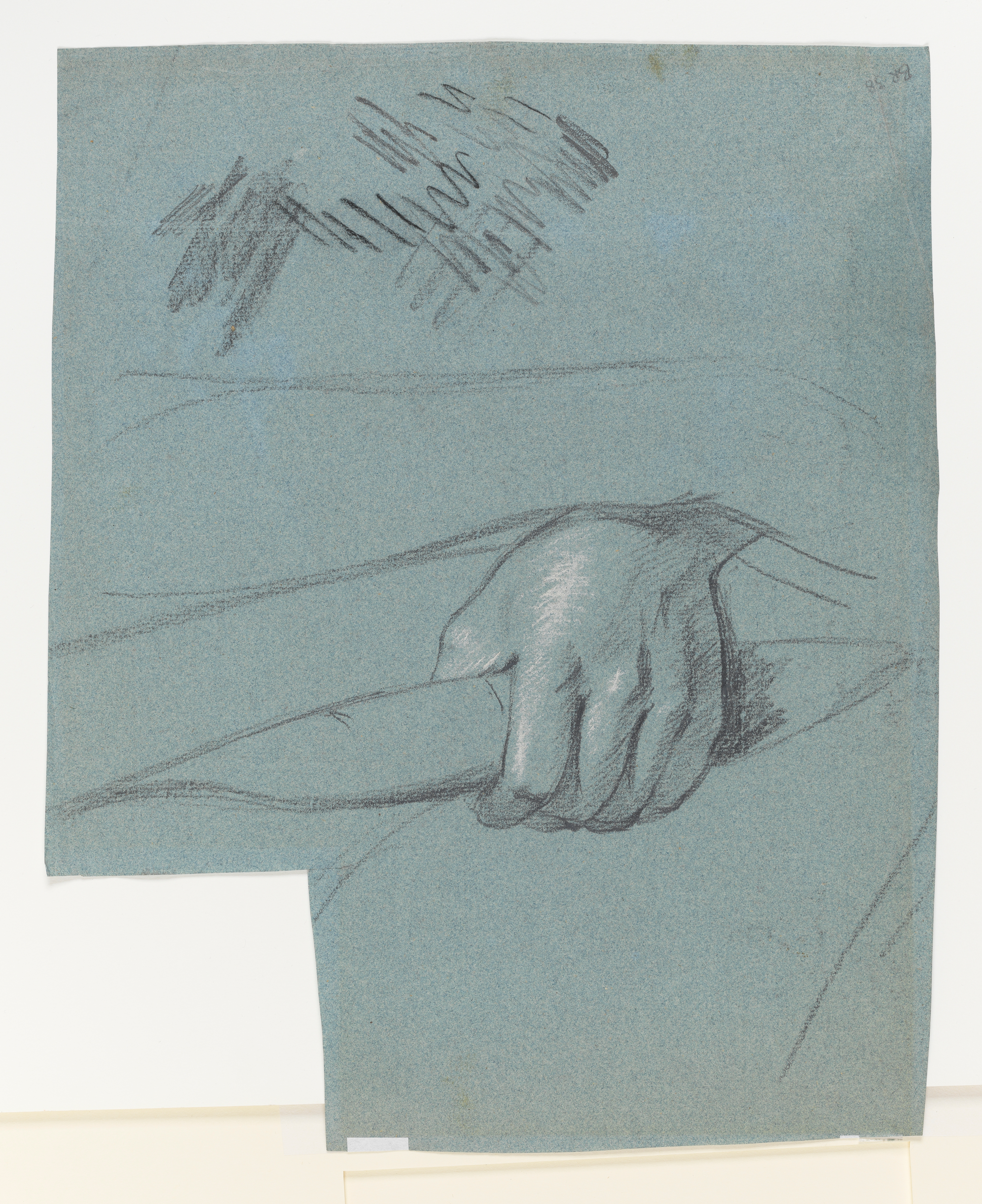 Study of a man's hand, holding his lapel, with squiggles and rough shading to one side. Inscribed 'BR 38' to lower left (or lower right?). A square cut out of one corner. Made by Joseph Wright of Derby (1734 - 1797). Black and white chalk on blue paper, in cream window mount.
