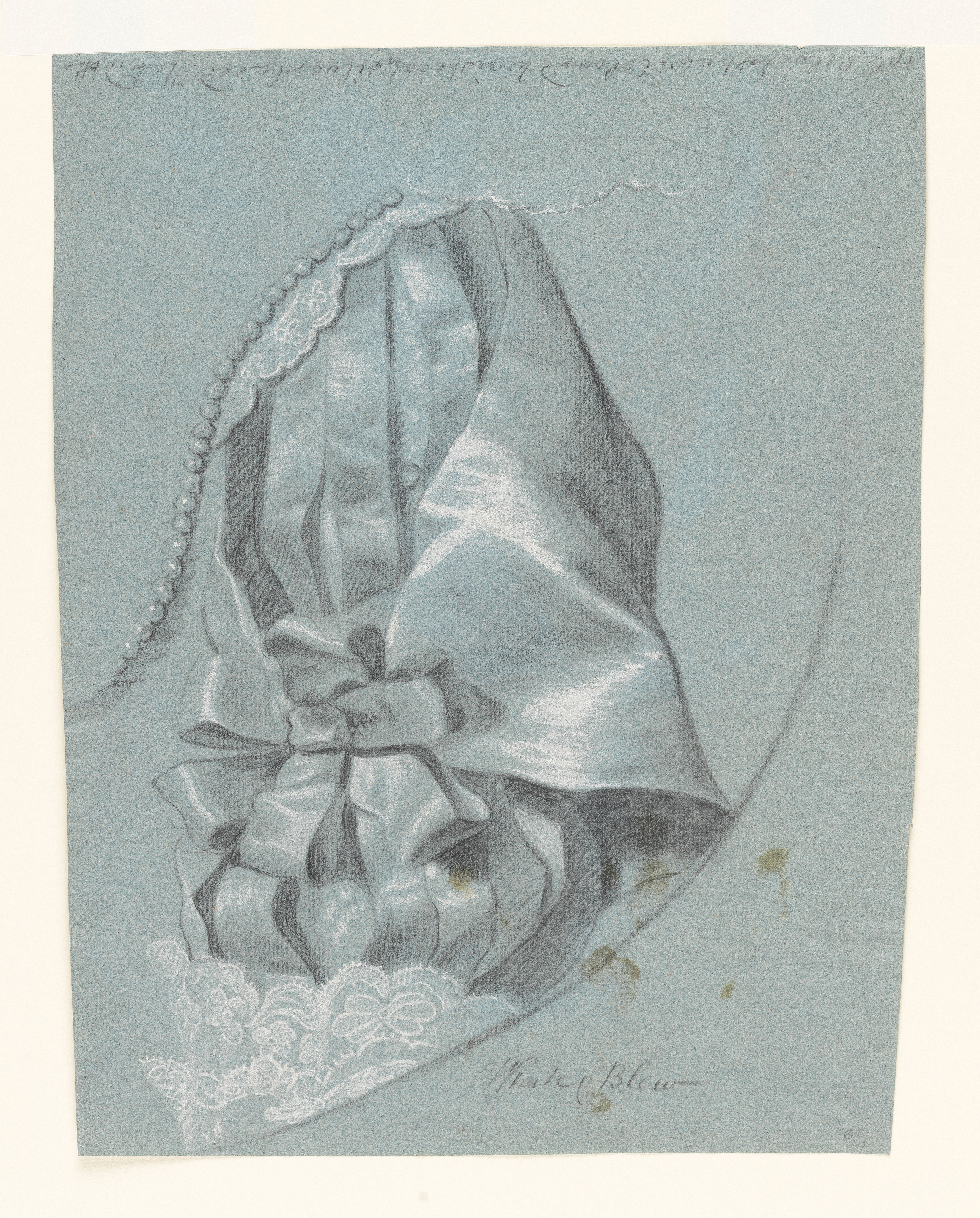Recto: Study of a woman's left arm, in Van Dyck dress, with a pearl neck line, in a feigned oval; the sleeve is slashed and decorated with a bow, her cuff is made from lace. Inscribed below, to the right: 'White & Blew' and along the top edge of the sheet: '[purple?] Velvet Straw-Coloured Waistcoat, silver laced Hat, ditto'. Brown staining to lower half of drawing. Made by Joseph Wright of Derby (1734 - 1797). Black and white chalk on blue paper, in cream window mount.
