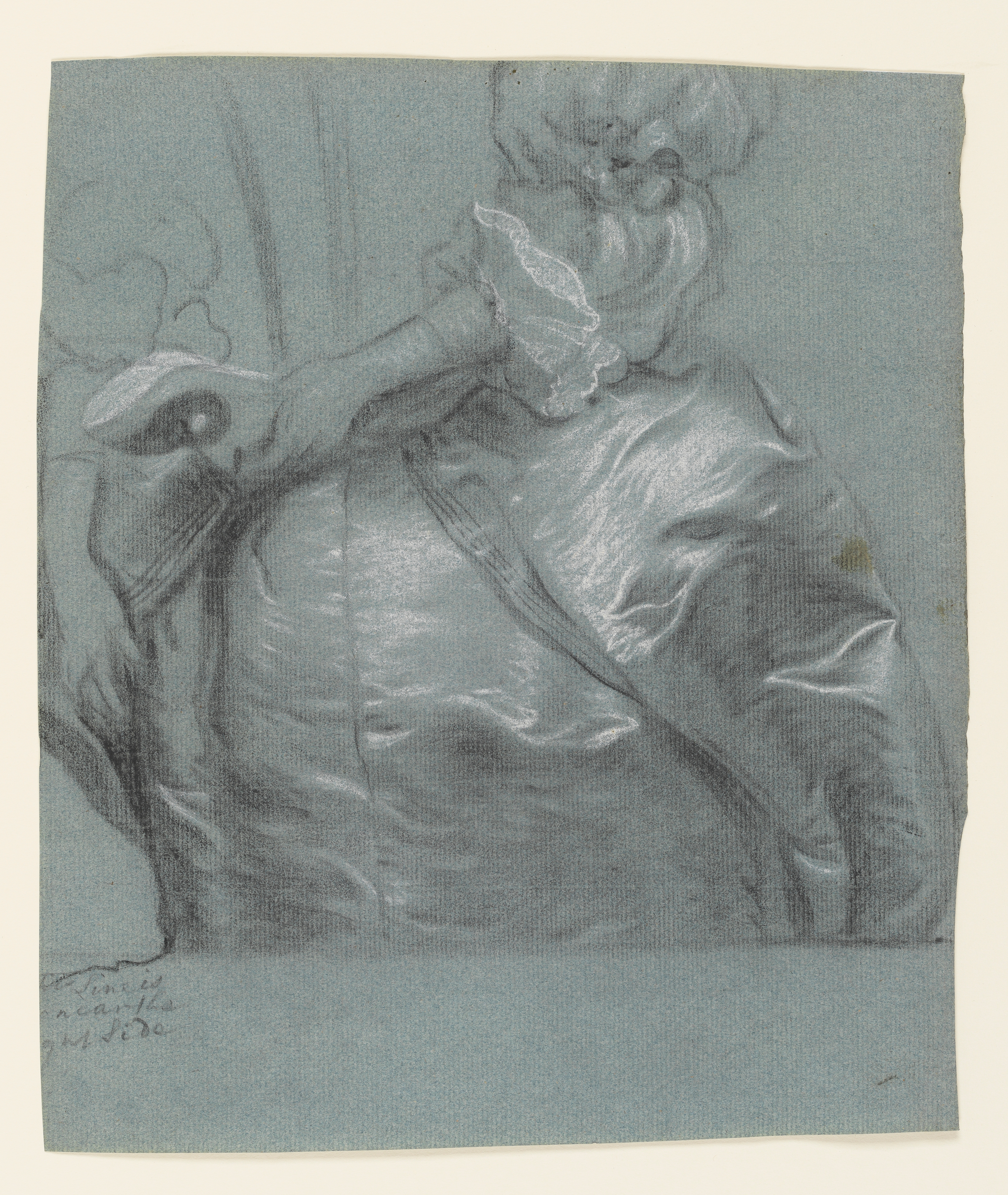 Study of a woman, torso and arms only, holding a mask in her left hand, her right hand by her side, wearing an open-fronted satin gown, puffed sleeves decorated with bows, and lace cuffs. Inscribed below drawing, to lower left: '[This?] Line is / near the / [ri]ght Side'. Made by Joseph Wright of Derby (1734 - 1797). Black and white chalk on blue paper, in cream window mount.