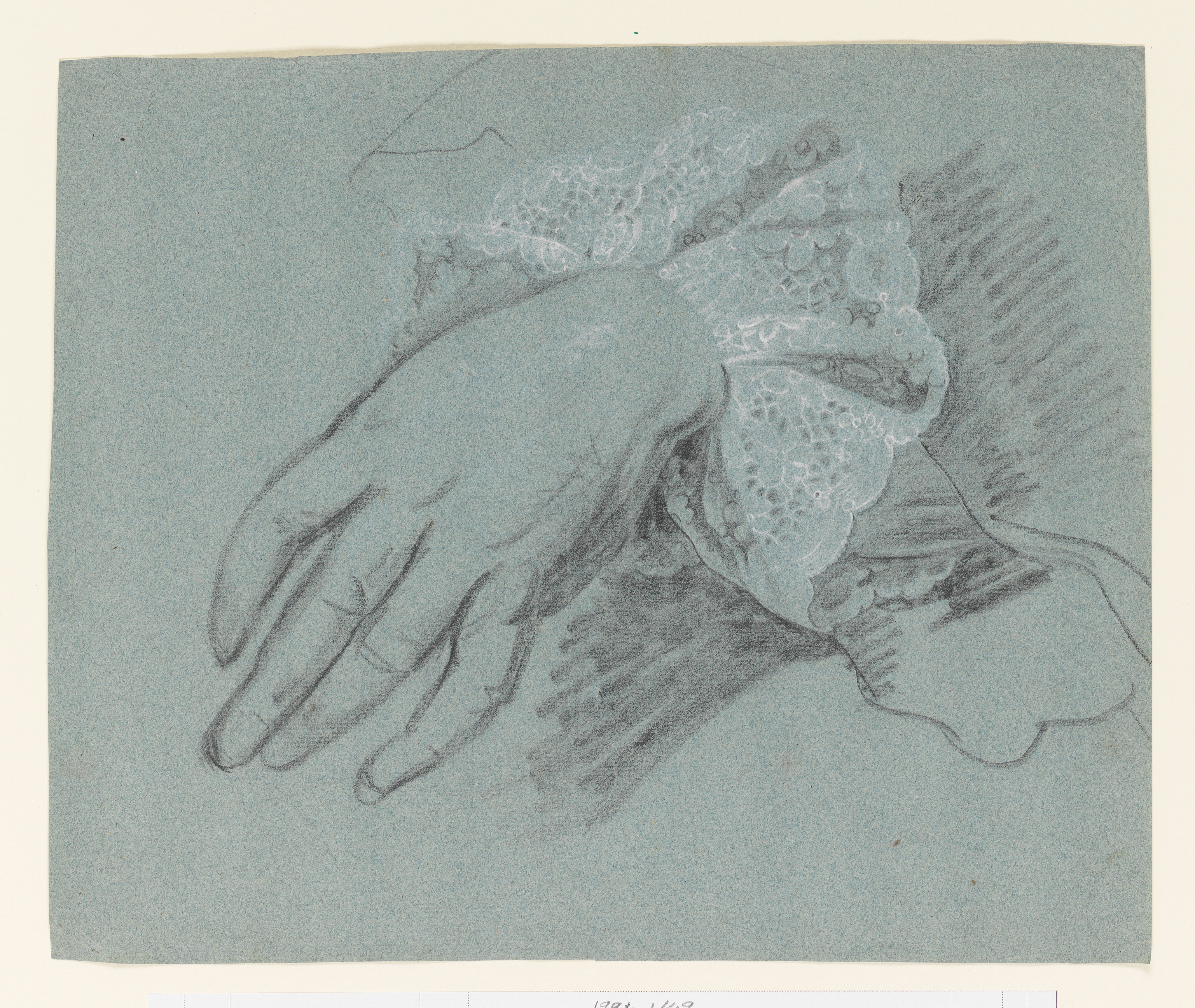 Study of a lace cuff, with the outline of a man's right hand and coat cuff, after Thomas Hudson's portrait of Charles Pinfold. Made by Joseph Wright of Derby (1734 - 1797). Black and white chalk on blue laid paper, in cream window mount.