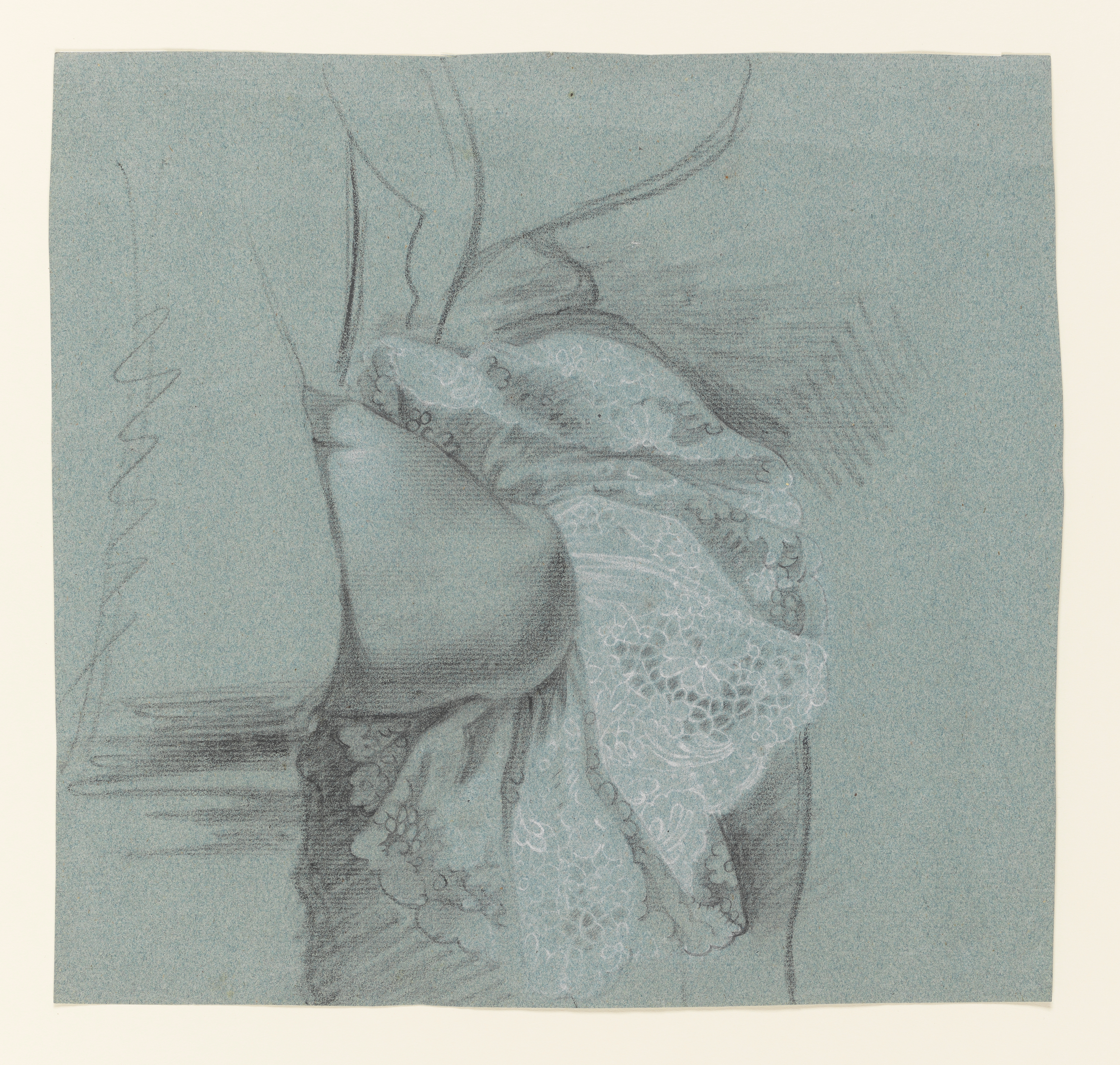 Study of a man's left hand and lace cuff, tucked within his waistcoat, the outline of a cocked hat beneath his arm. Made by Joseph Wright of Derby (1734 - 1797). Black and white chalk on blue laid paper, in cream window mount.