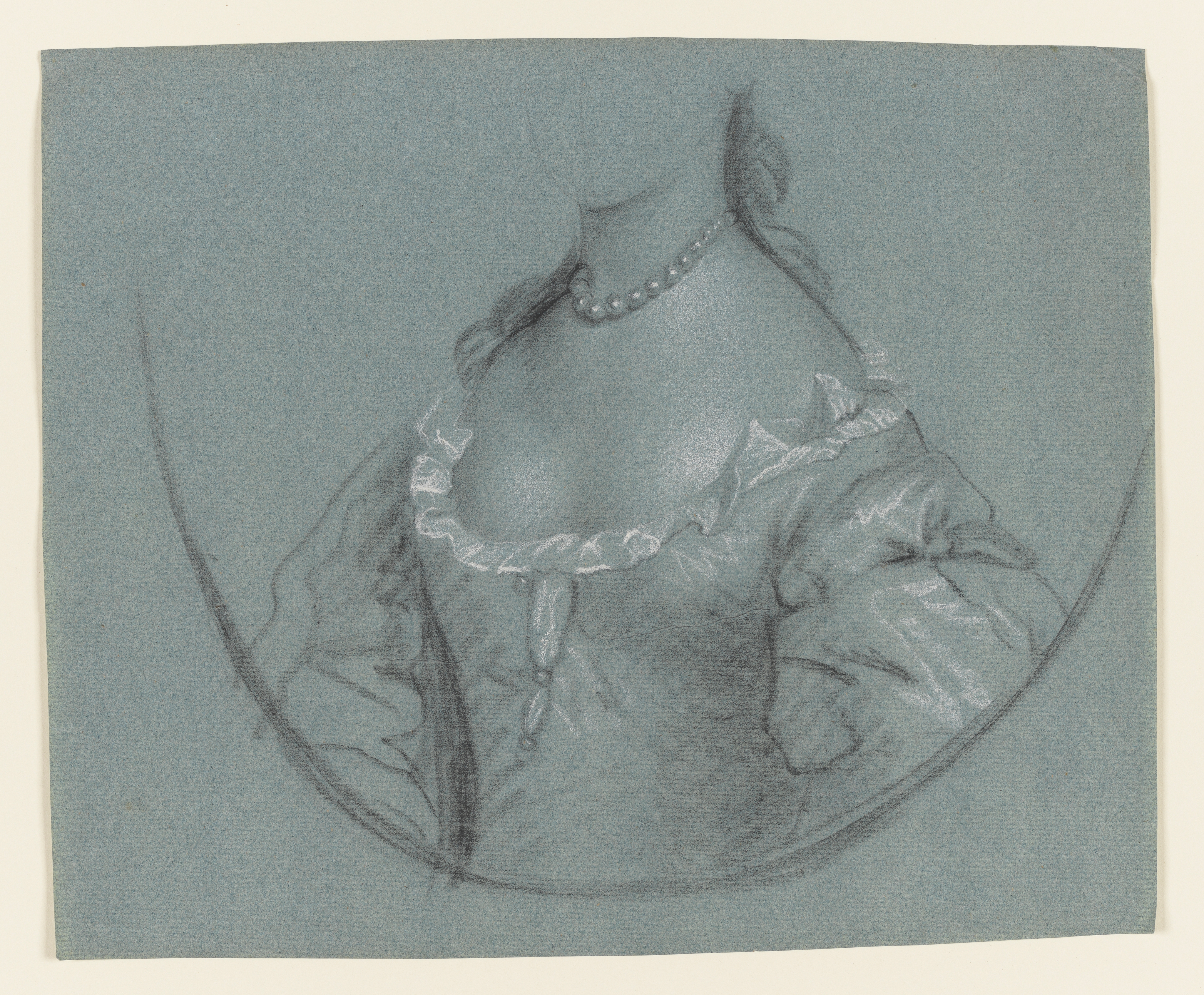 Study of a woman, facing slightly to the left, to waist, in a feigned oval; wearing a satin gown with puffed sleeves and a pearl necklace, the outline of her face lightly sketched. Made by Joseph Wright of Derby (1734 - 1797). Black and white chalk on blue paper, in cream window mount.