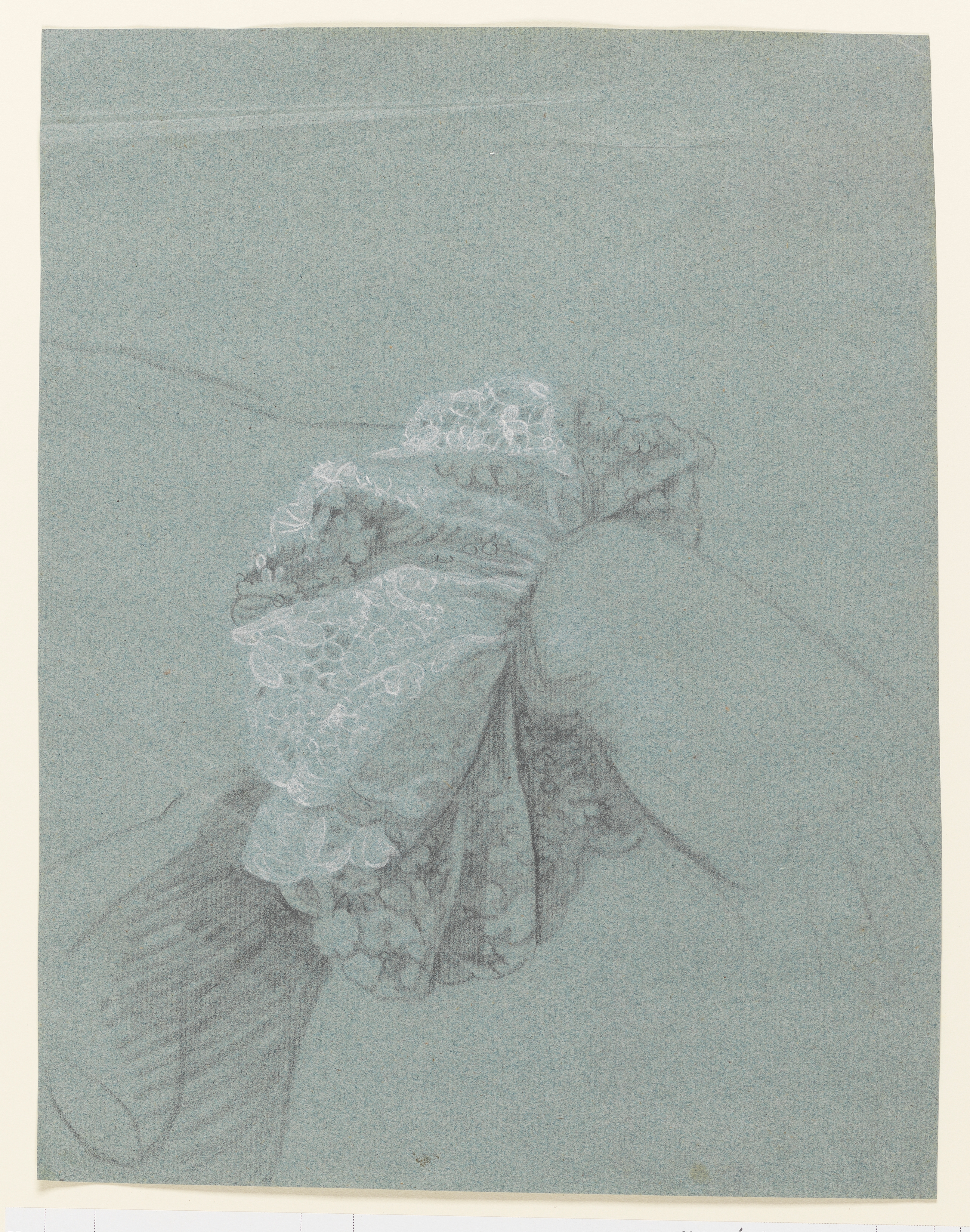Study of a man's left hand, in a lace cuff, the outline of his coat cuff visible to the right; shading below. Made by Joseph Wright of Derby (1734 - 1797). Black and white chalk on blue paper, in cream window mount.
