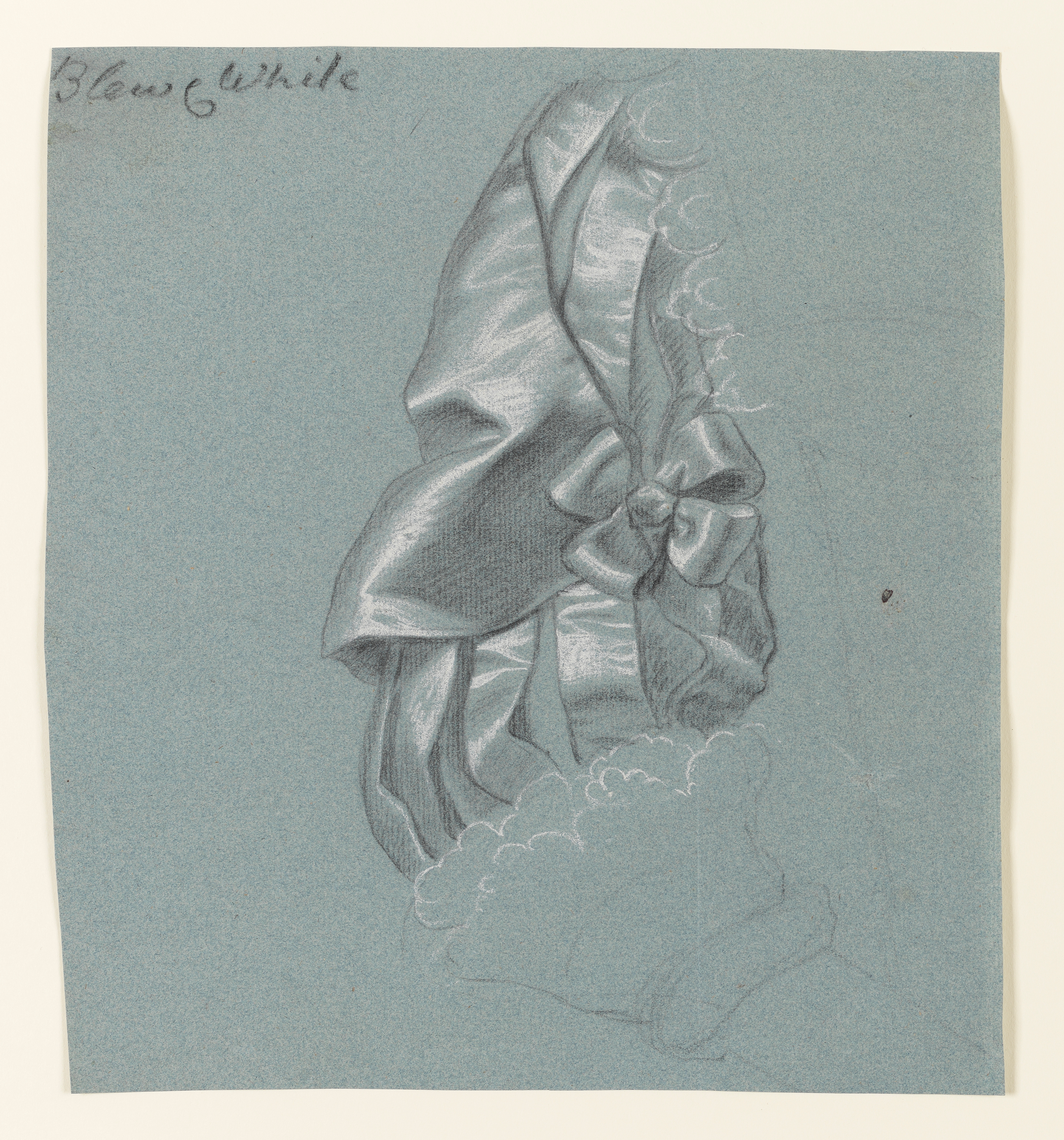 Study of a woman's right arm in Van Dyck dress, consiting of a slashed sleeve decorated with a bow, lace cuff, and lace-trimmed bodice. Inscribed 'Blew & White' to upper left corner. Made by Joseph Wright of Derby (1734 - 1797). Black and white chalk on blue paper, in cream window mount.