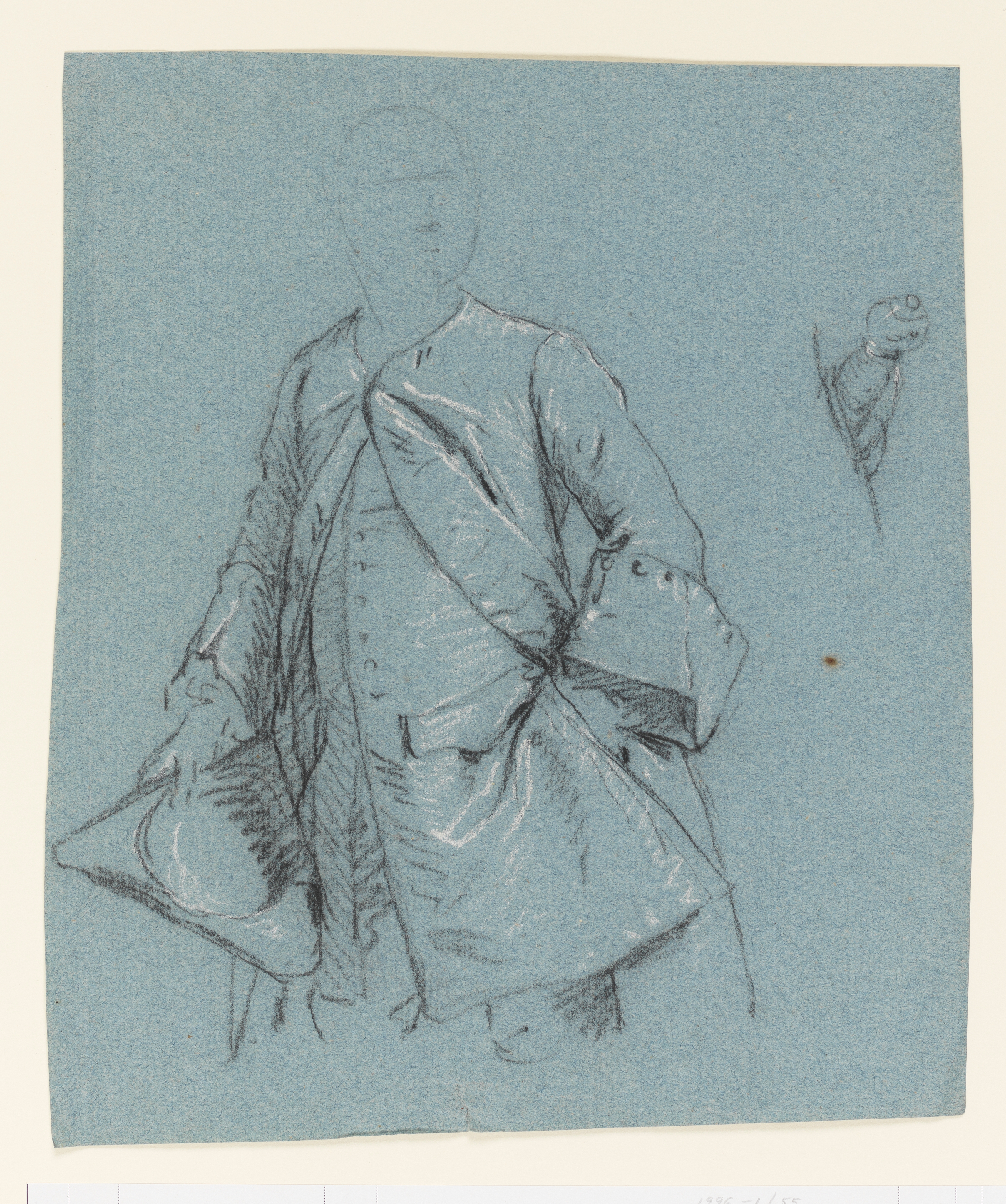Study of a male figure holding a three-cornered hat, the face faintly sketched, and a study of a sword hilt. Made by an unknown artist, possibly after Allan Ramsay, c. 1744. Black and white chalk on paper. In cream window mount.